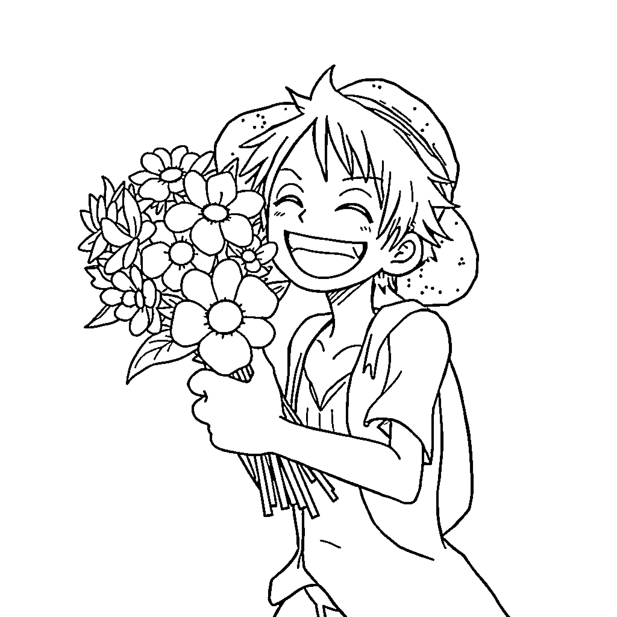 Luffy Receives Floral Bouquet with Joy Coloring Page (free black-and-white line drawing printable PDF for all, from beginners to advanced learners, including children, teens, adults, and seniors)