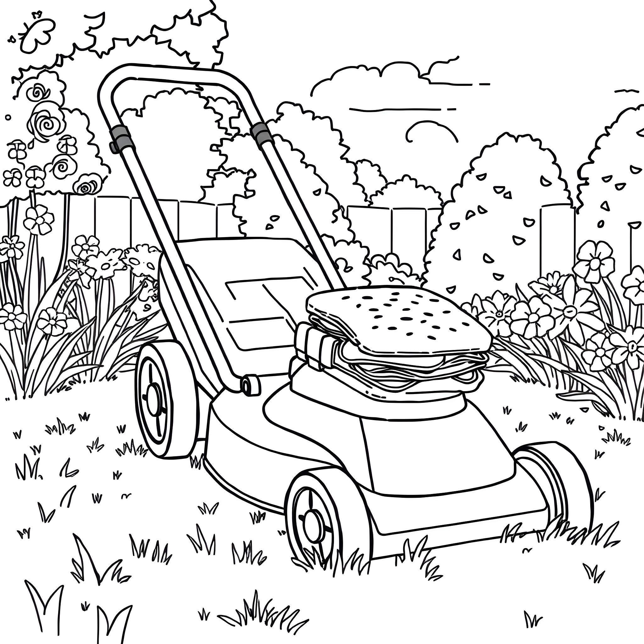 Lawnmower cutting grass in a garden Coloring Page (free black-and-white line drawing printable PDF for all, from beginners to advanced learners, including children, teens, adults, and seniors)