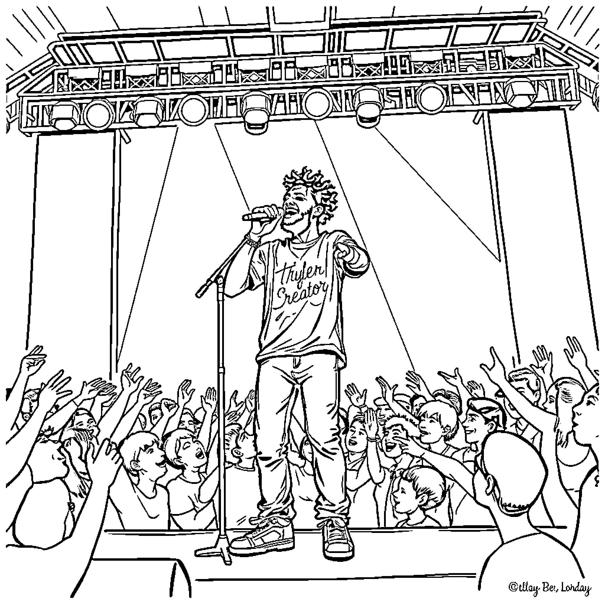 Tyler performing on stage with energetic crowd Coloring Page (free black-and-white line drawing printable PDF for all, from beginners to advanced learners, including children, teens, adults, and seniors)