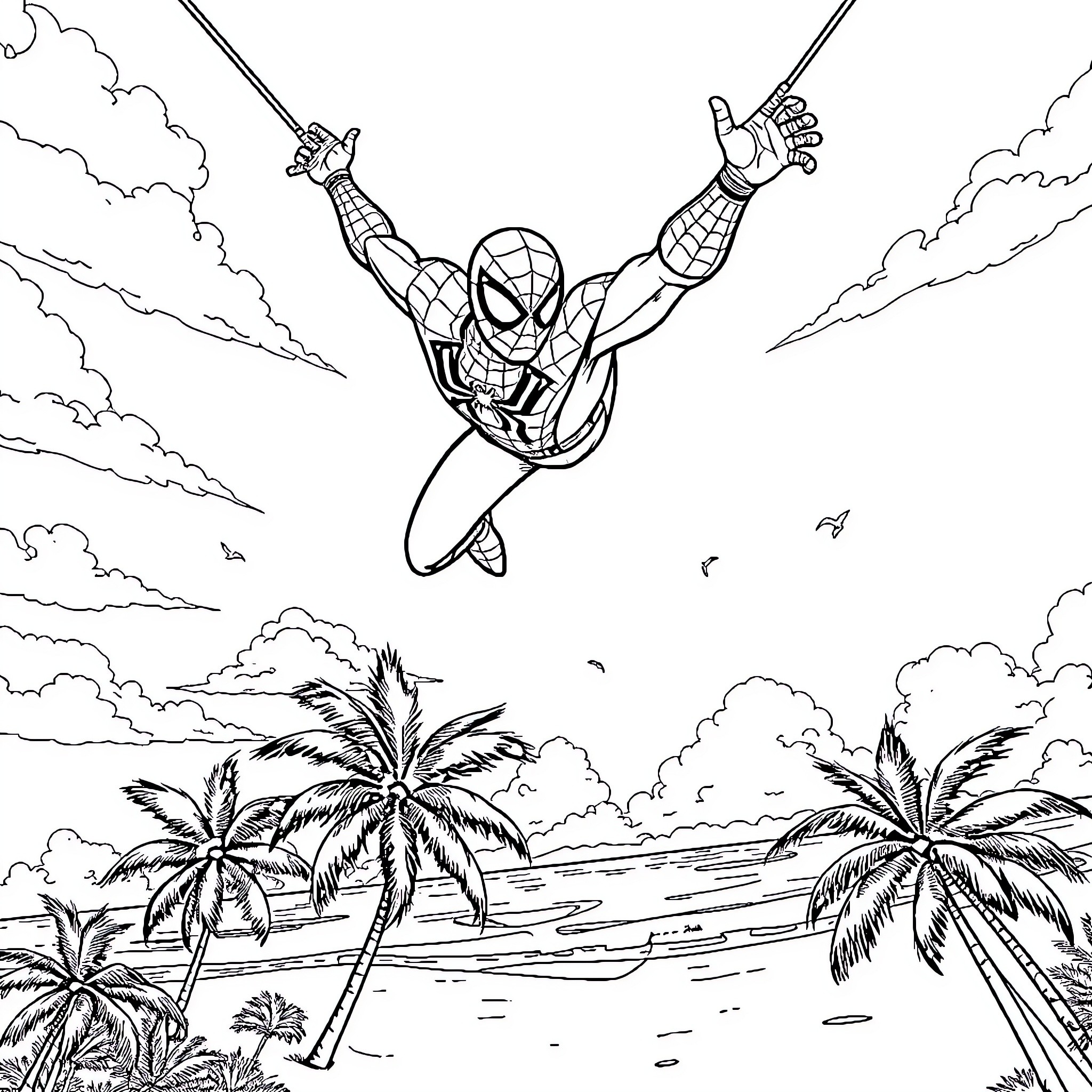 Spiderman swinging through the sky over tropical beach Coloring Page (free black-and-white line drawing printable PDF for all, from beginners to advanced learners, including children, teens, adults, and seniors)