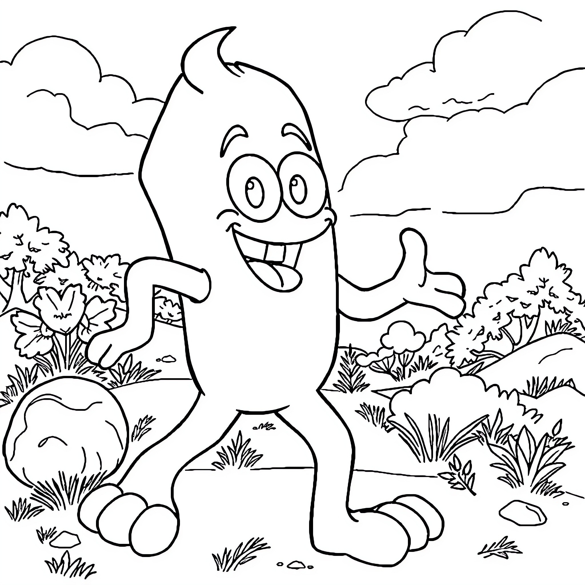 Spongebob character happily exploring the outdoors Coloring Page (free black-and-white line drawing printable PDF for all, from beginners to advanced learners, including children, teens, adults, and seniors)