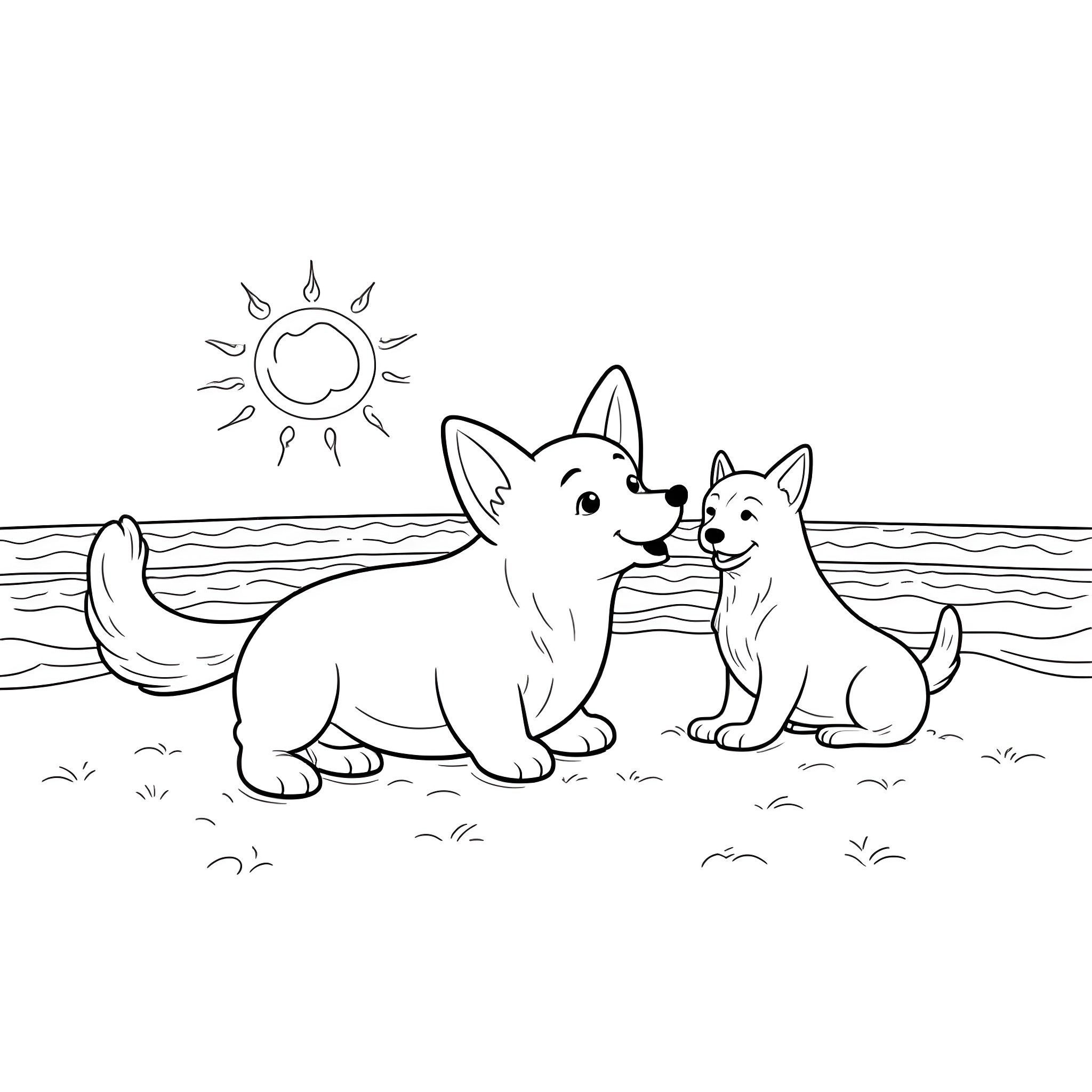 Corgi puppies playing happily by the beach Coloring Page (free black-and-white line drawing printable PDF for all, from beginners to advanced learners, including children, teens, adults, and seniors)