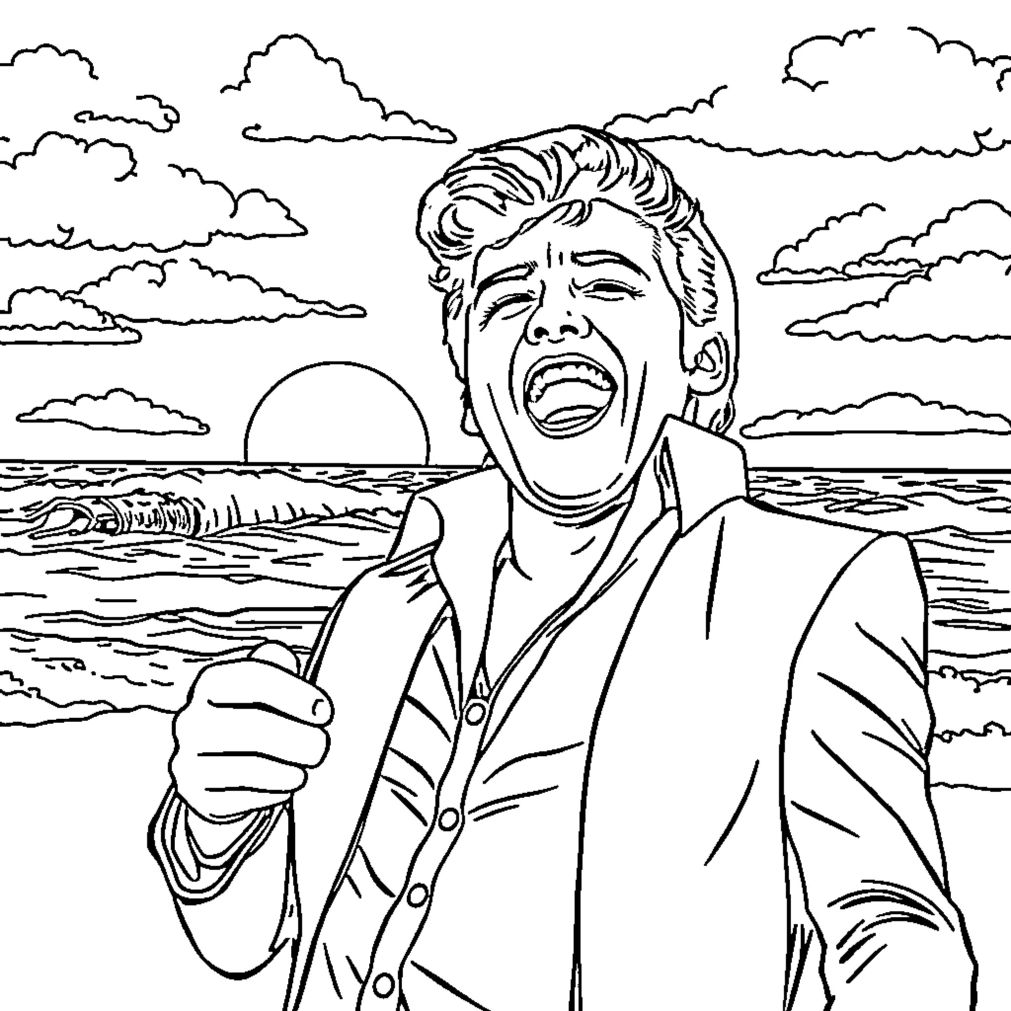 Elvis reveling in the sunset at the beach Coloring Page (free black-and-white line drawing printable PDF for all, from beginners to advanced learners, including children, teens, adults, and seniors)