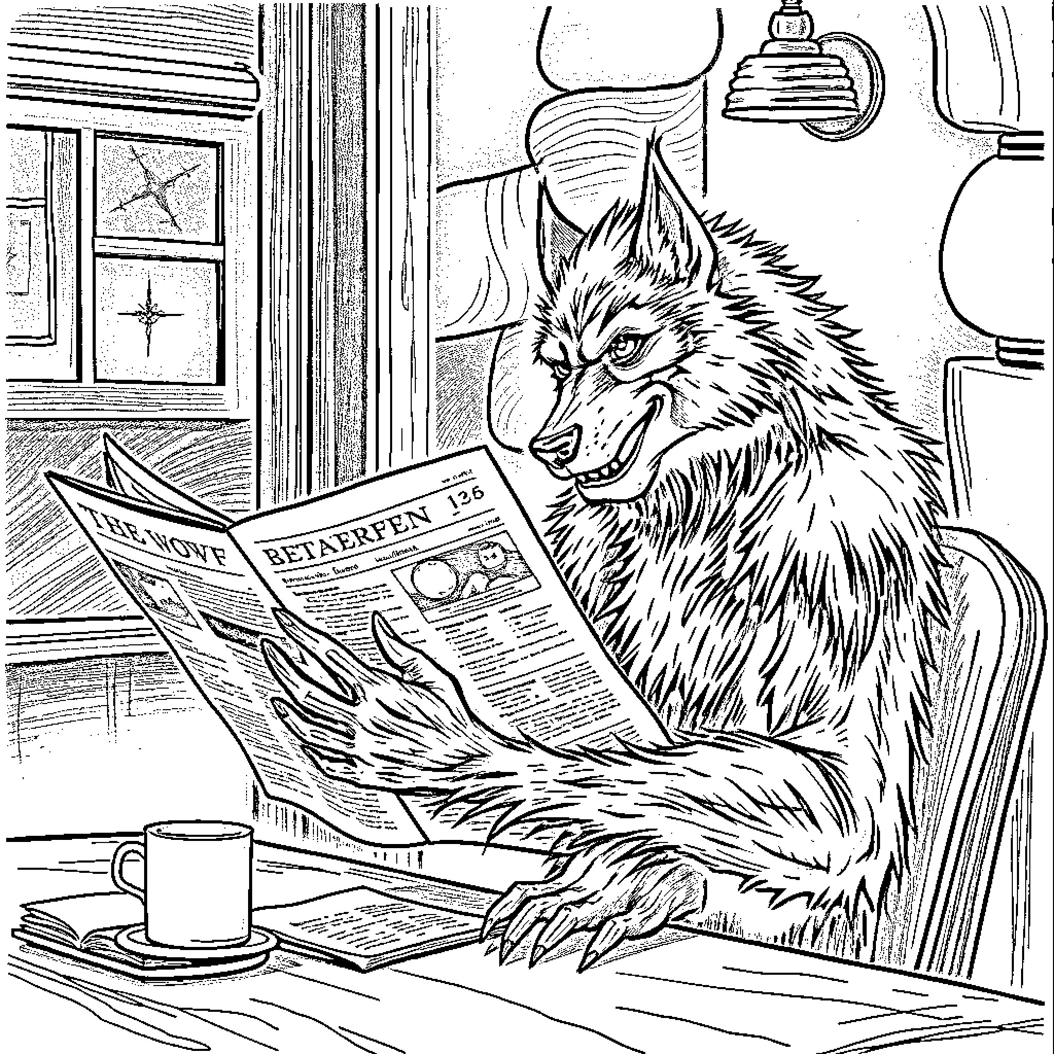 Werewolf reading newspaper in cozy room Coloring Page (free black-and-white line drawing printable PDF for all, from beginners to advanced learners, including children, teens, adults, and seniors)