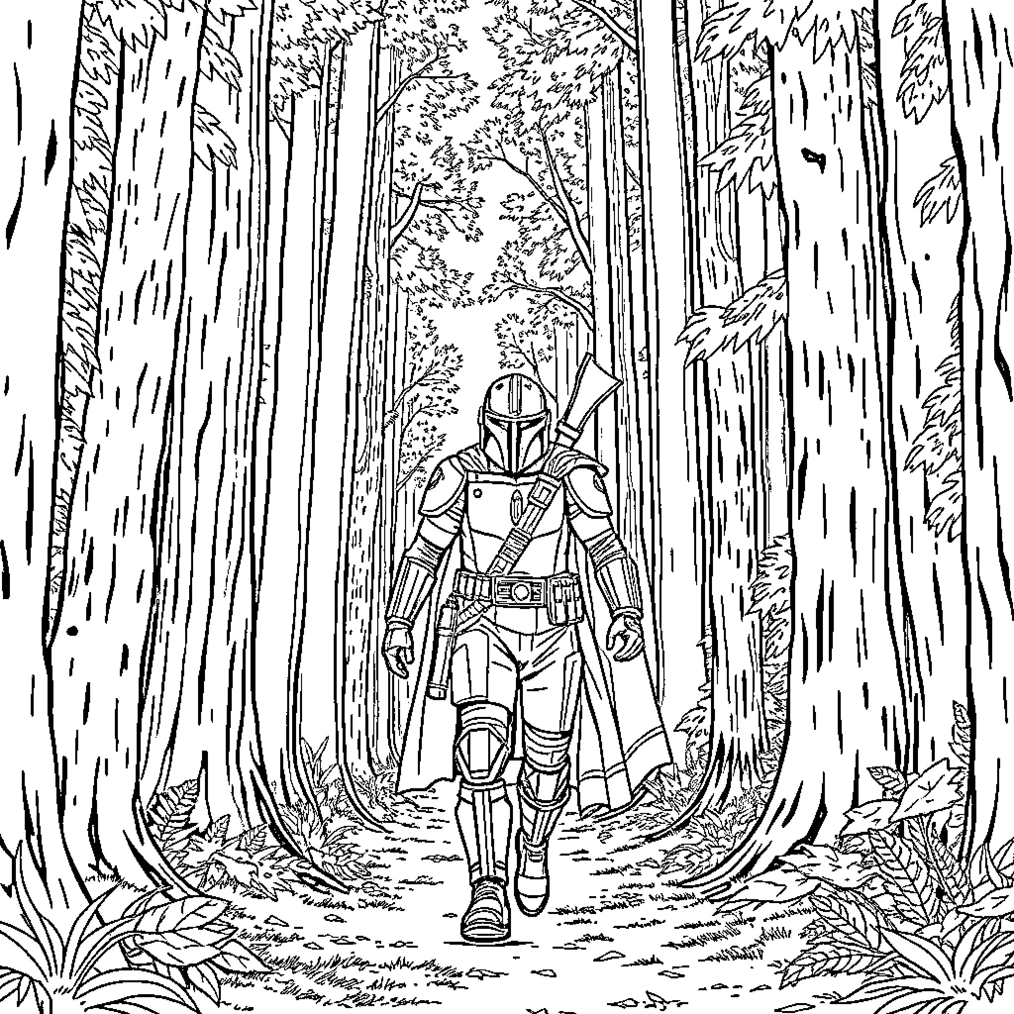Mandalorian Warrior Exploring the Mysterious Forest Coloring Page (free black-and-white line drawing printable PDF for all, from beginners to advanced learners, including children, teens, adults, and seniors)