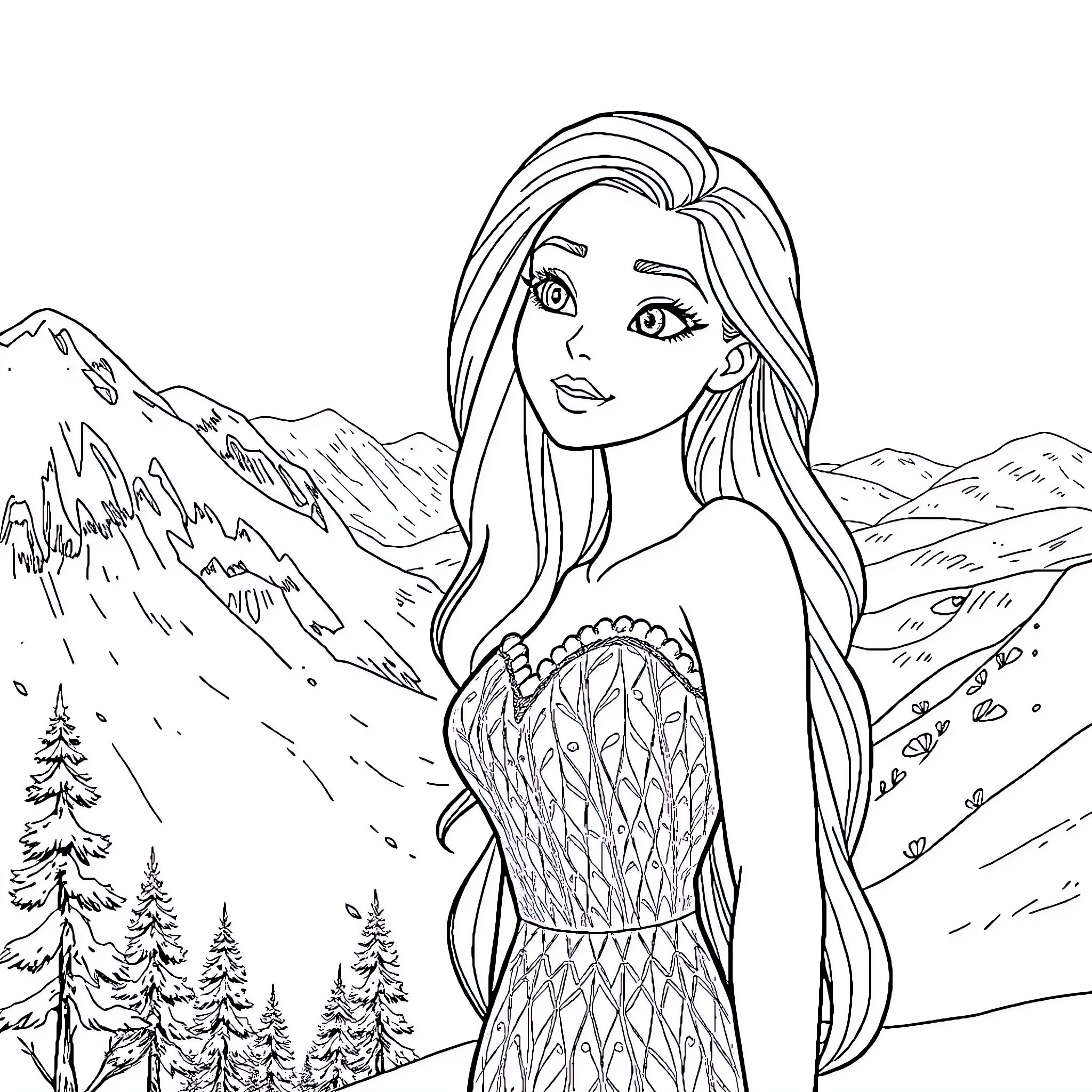 Woman in ornate dress standing in mountain landscape Coloring Page (free black-and-white line drawing printable PDF for all, from beginners to advanced learners, including children, teens, adults, and seniors)