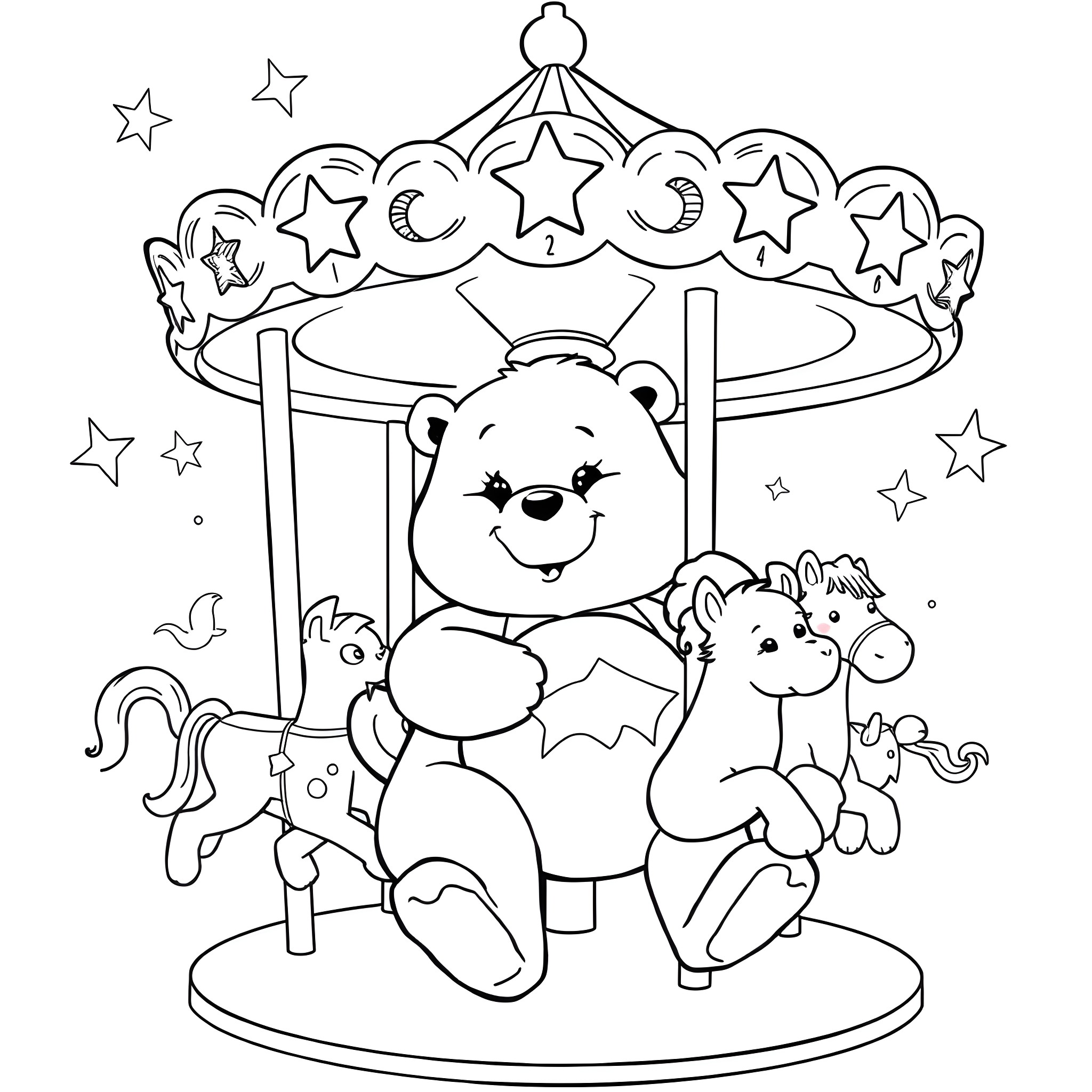 Carebear friends enjoying the carousel ride Coloring Page (free black-and-white line drawing printable PDF for all, from beginners to advanced learners, including children, teens, adults, and seniors)