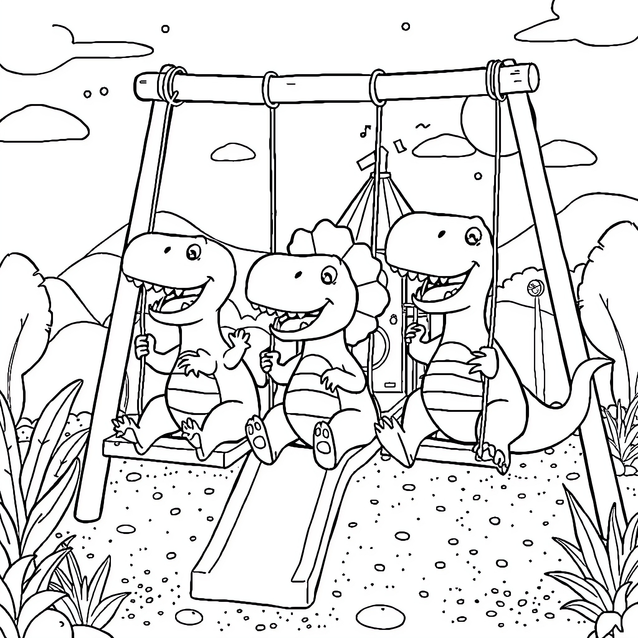 Dinosaurs playing on swing set in the park Coloring Page (free black-and-white line drawing printable PDF for all, from beginners to advanced learners, including children, teens, adults, and seniors)