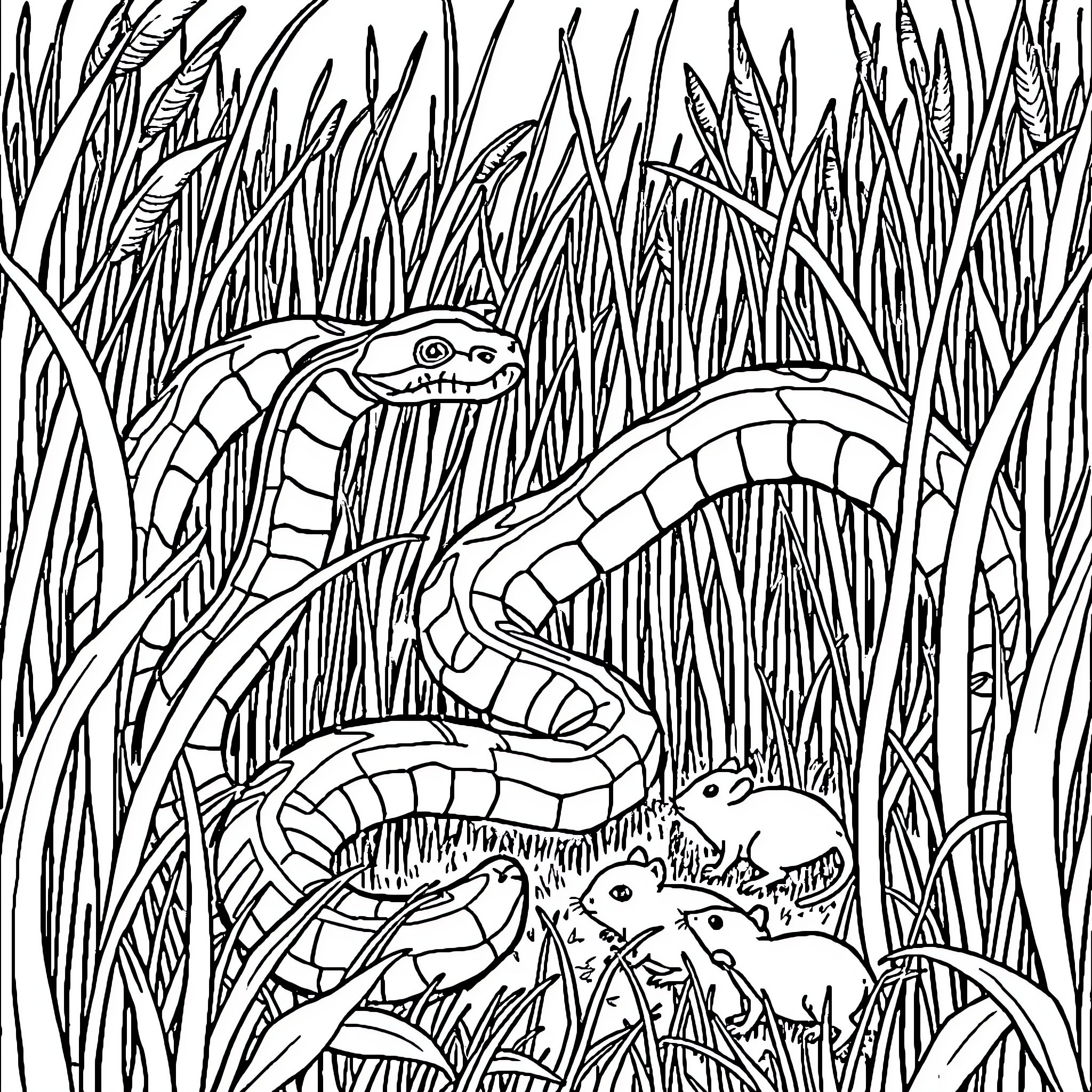 Snake slithering through tall grass Coloring Page (free black-and-white line drawing printable PDF for all, from beginners to advanced learners, including children, teens, adults, and seniors)
