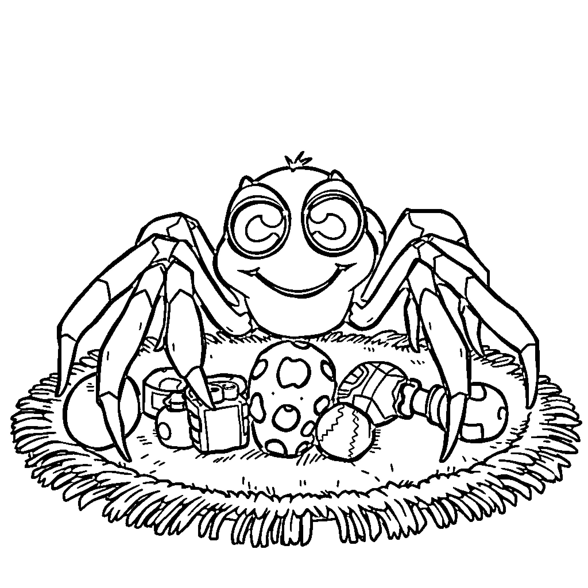 Spider Hatching Playfully from Eggs in Nest Coloring Page (free black-and-white line drawing printable PDF for all, from beginners to advanced learners, including children, teens, adults, and seniors)