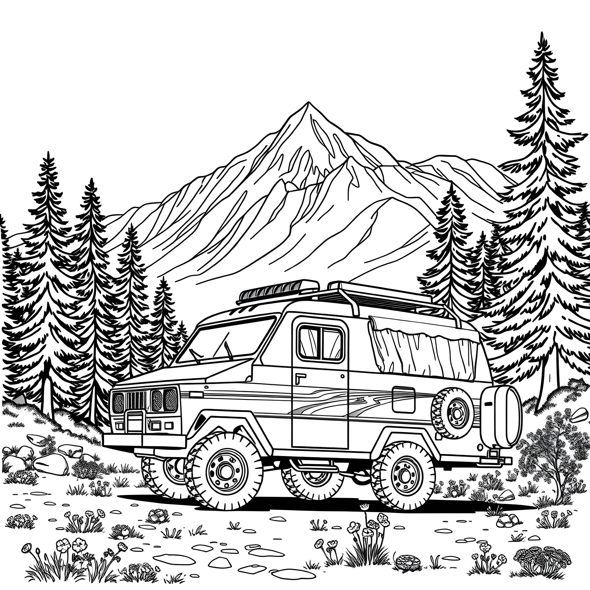 Trailer of a 4x4 vehicle in the wilderness Coloring Page (free black-and-white line drawing printable PDF for all, from beginners to advanced learners, including children, teens, adults, and seniors)