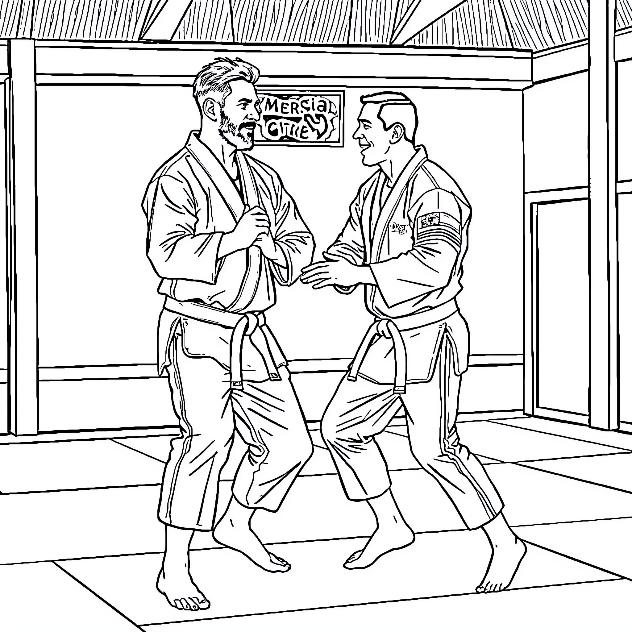 Messi and Cristiano Competing in Martial Arts Match Coloring Page (free black-and-white line drawing printable PDF for all, from beginners to advanced learners, including children, teens, adults, and seniors)