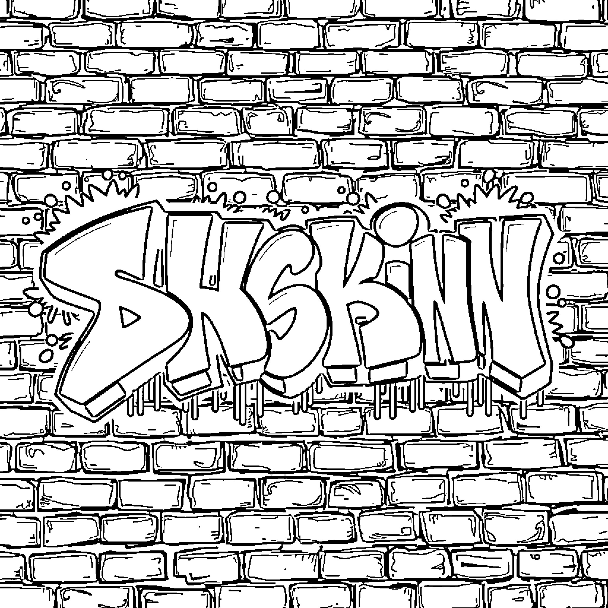 Graffiti Artwork on Brick Wall Coloring Page (free black-and-white line drawing printable PDF for all, from beginners to advanced learners, including children, teens, adults, and seniors)