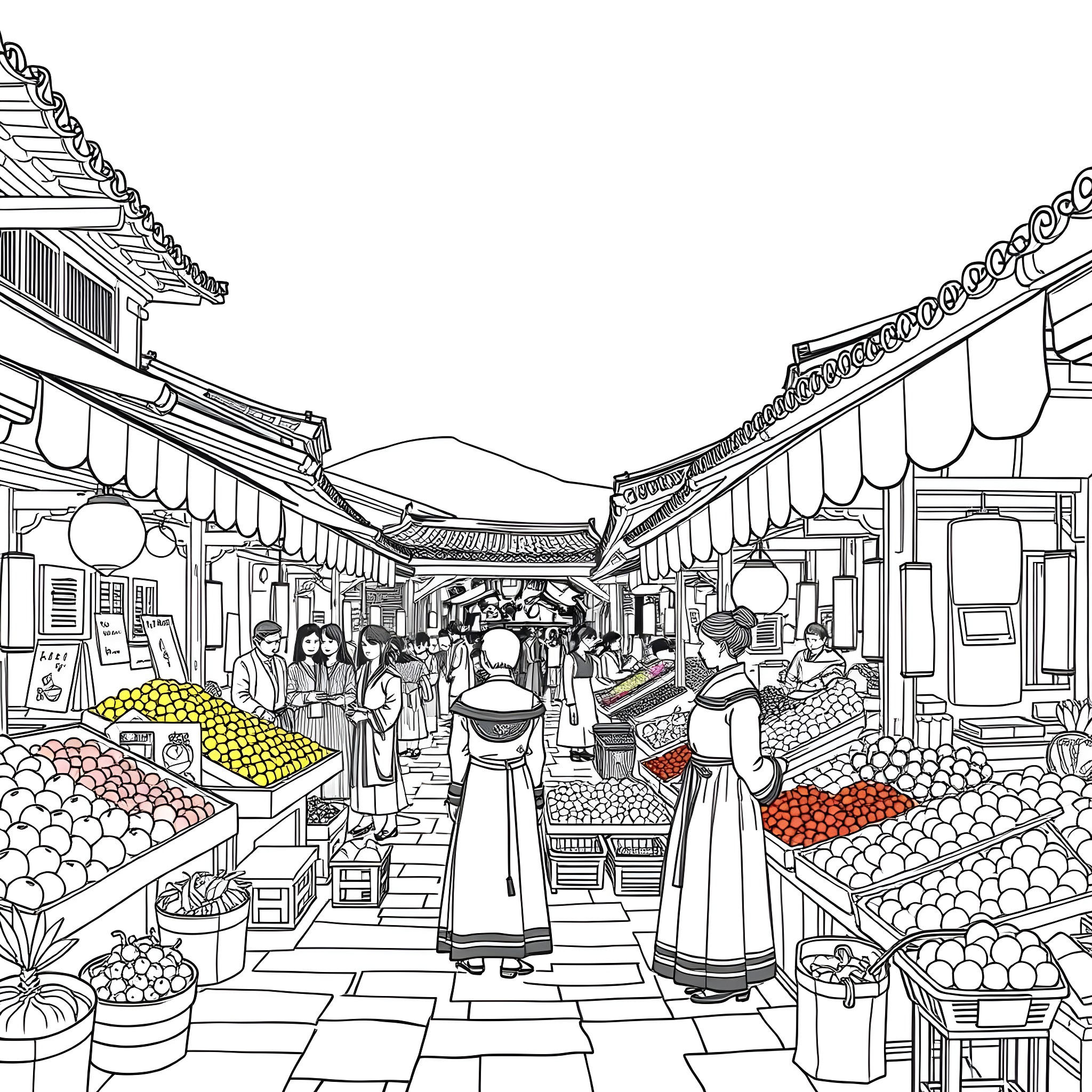 Woman exploring vibrant traditional marketplace Coloring Page (free black-and-white line drawing printable PDF for all, from beginners to advanced learners, including children, teens, adults, and seniors)