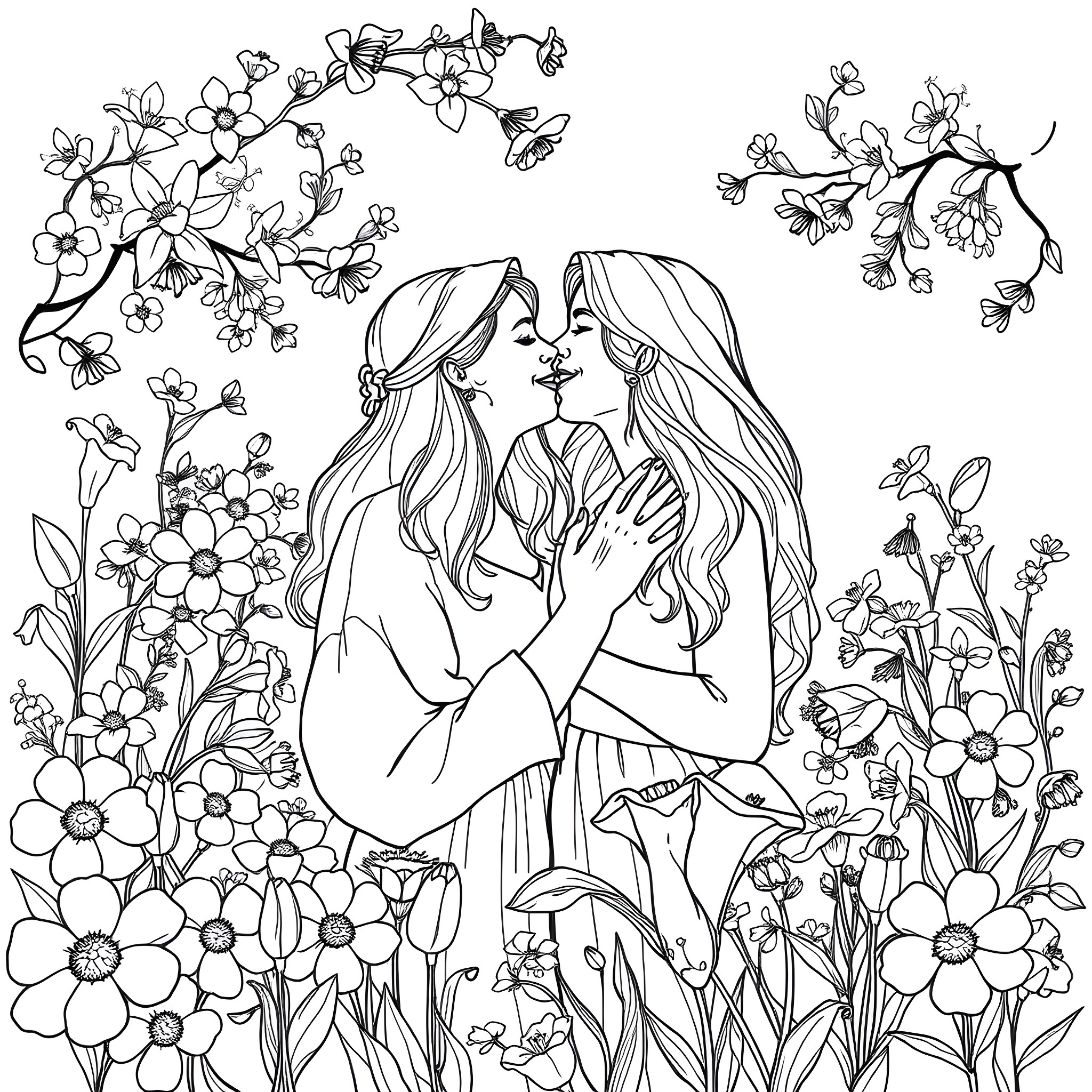 Wife in flowery embrace with loved one Coloring Page (free black-and-white line drawing printable PDF for all, from beginners to advanced learners, including children, teens, adults, and seniors)