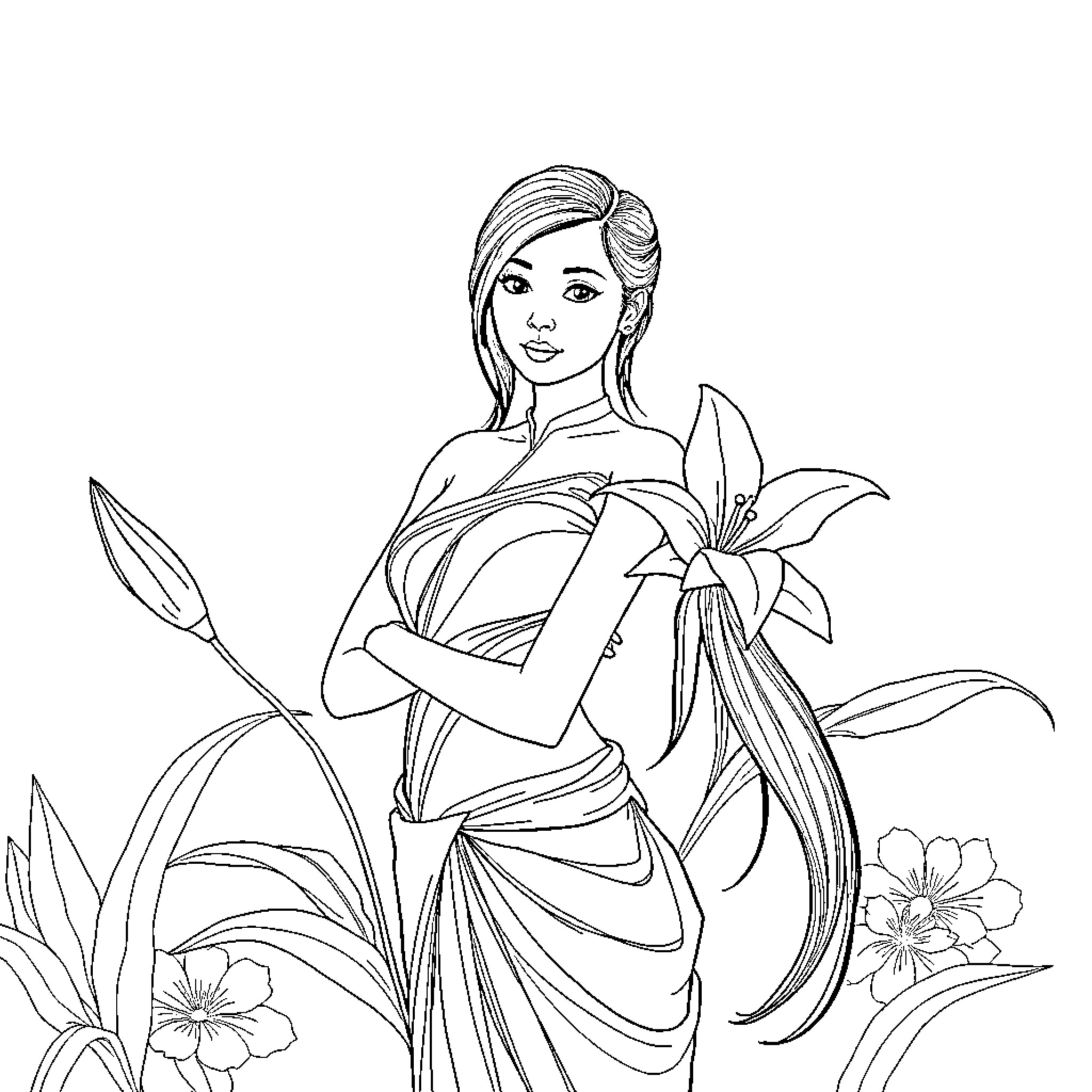 Lily posing amidst vibrant floral scenery Coloring Page (free black-and-white line drawing printable PDF for all, from beginners to advanced learners, including children, teens, adults, and seniors)