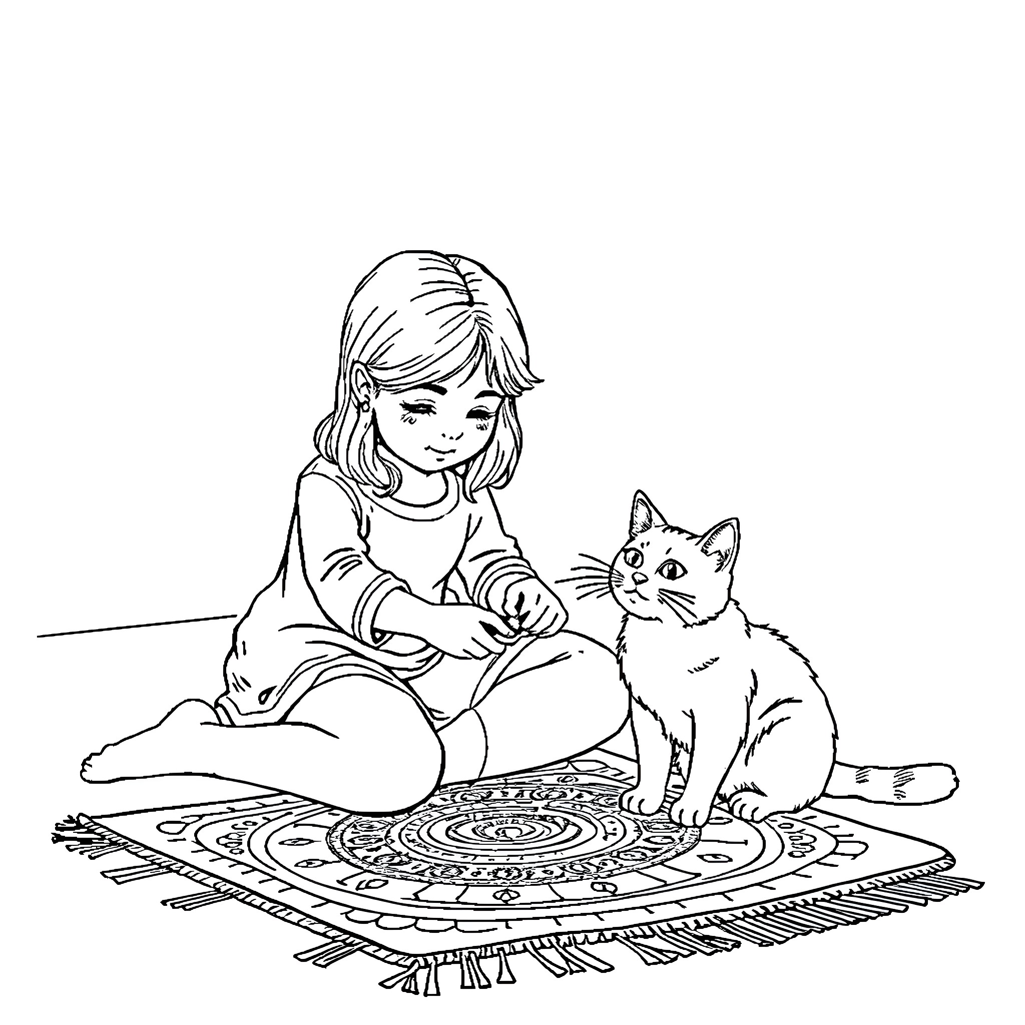 Lady petting her beloved feline companion on patterned carpet Coloring Page (free black-and-white line drawing printable PDF for all, from beginners to advanced learners, including children, teens, adults, and seniors)