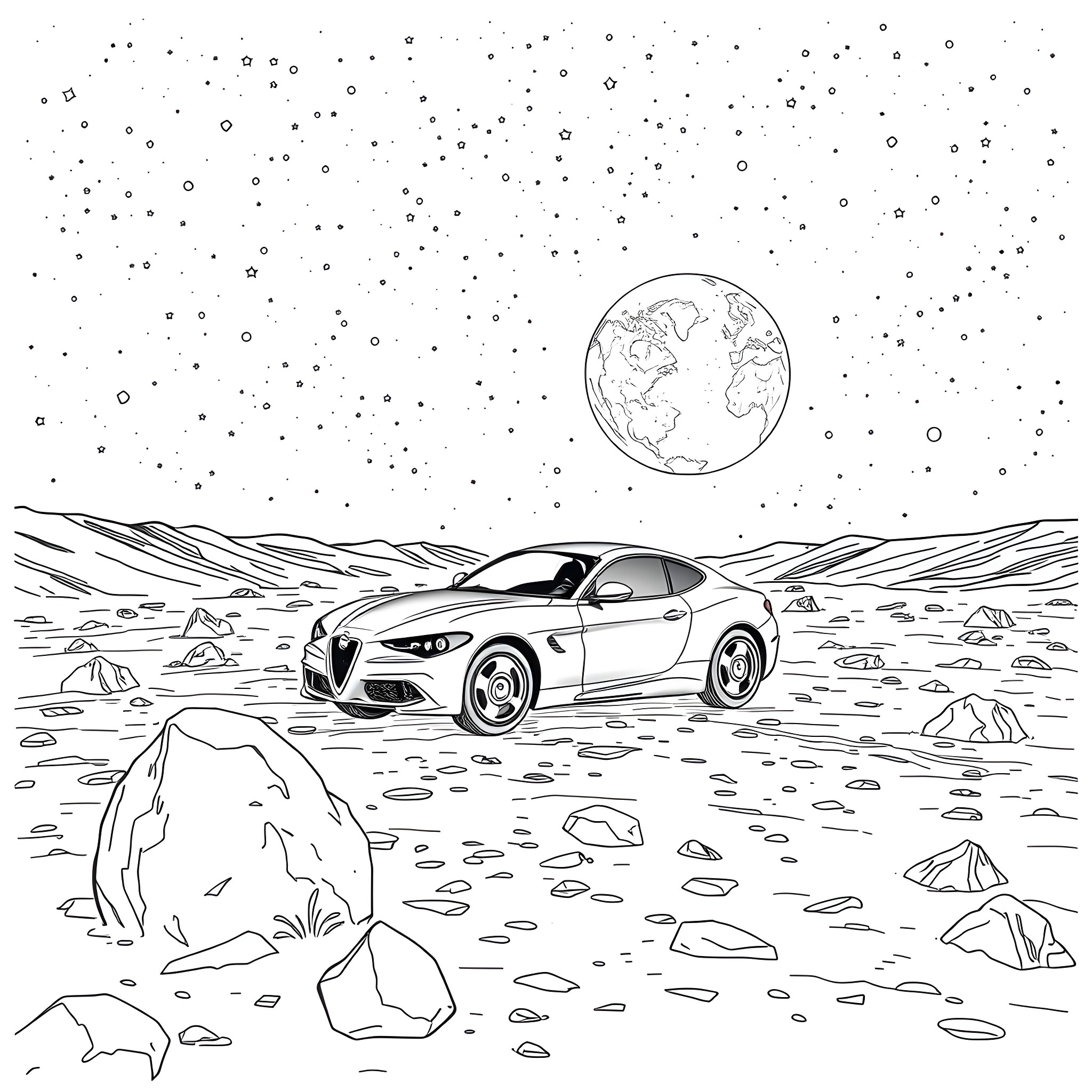Alfa Romeo vehicle on a rocky alien landscape Coloring Page (free black-and-white line drawing printable PDF for all, from beginners to advanced learners, including children, teens, adults, and seniors)