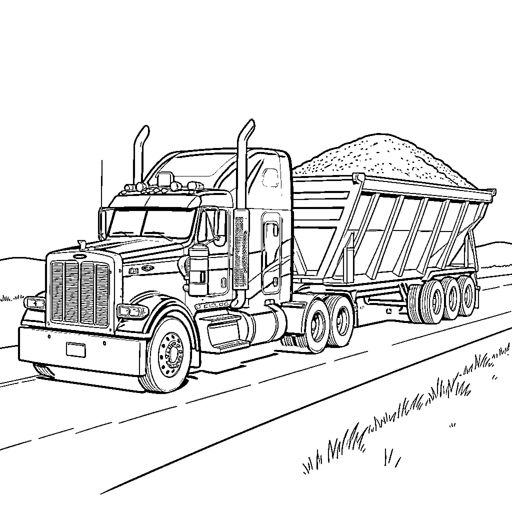 Truck transporting gravel and construction equipment Coloring Page (free black-and-white line drawing printable PDF for all, from beginners to advanced learners, including children, teens, adults, and seniors)