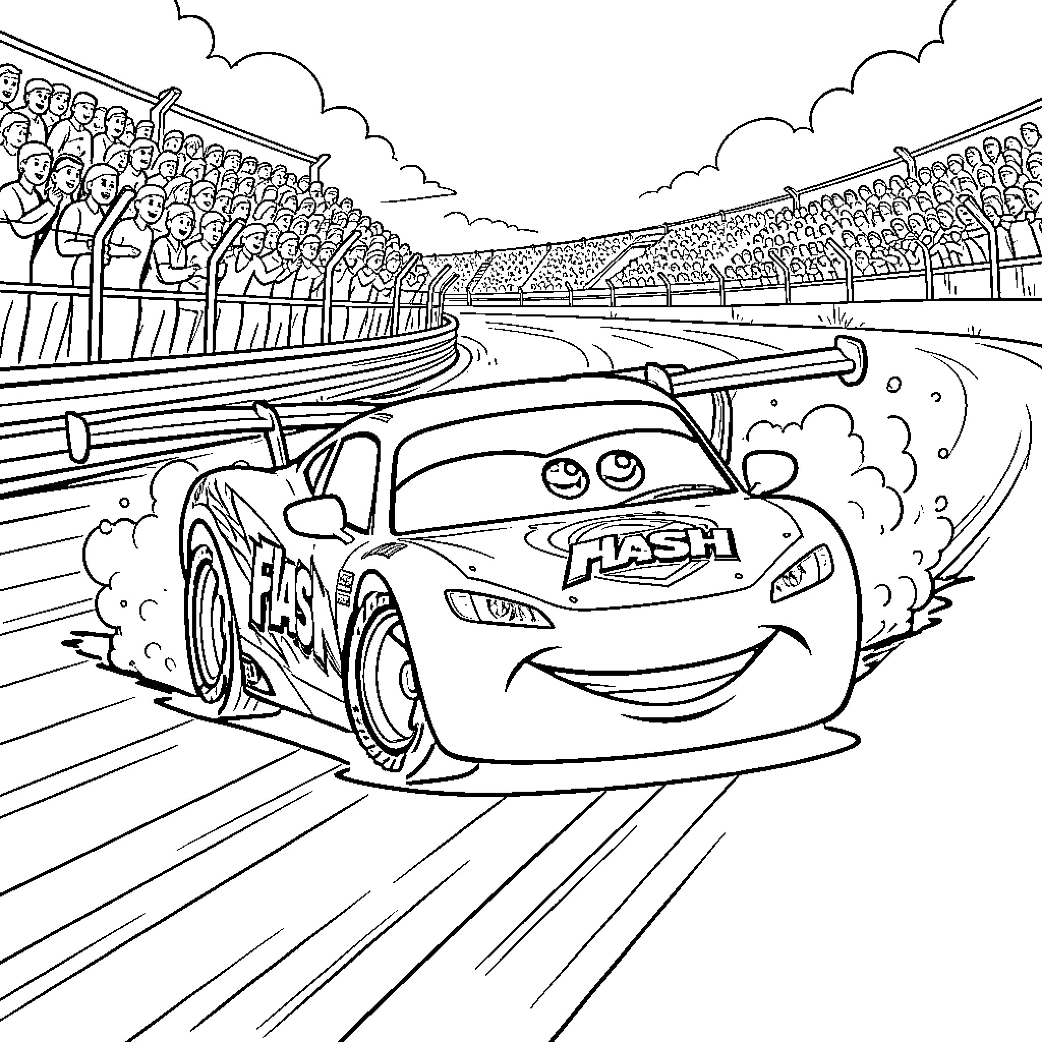 Flash McQueen racing fast on a crowded track Coloring Page (free black-and-white line drawing printable PDF for all, from beginners to advanced learners, including children, teens, adults, and seniors)