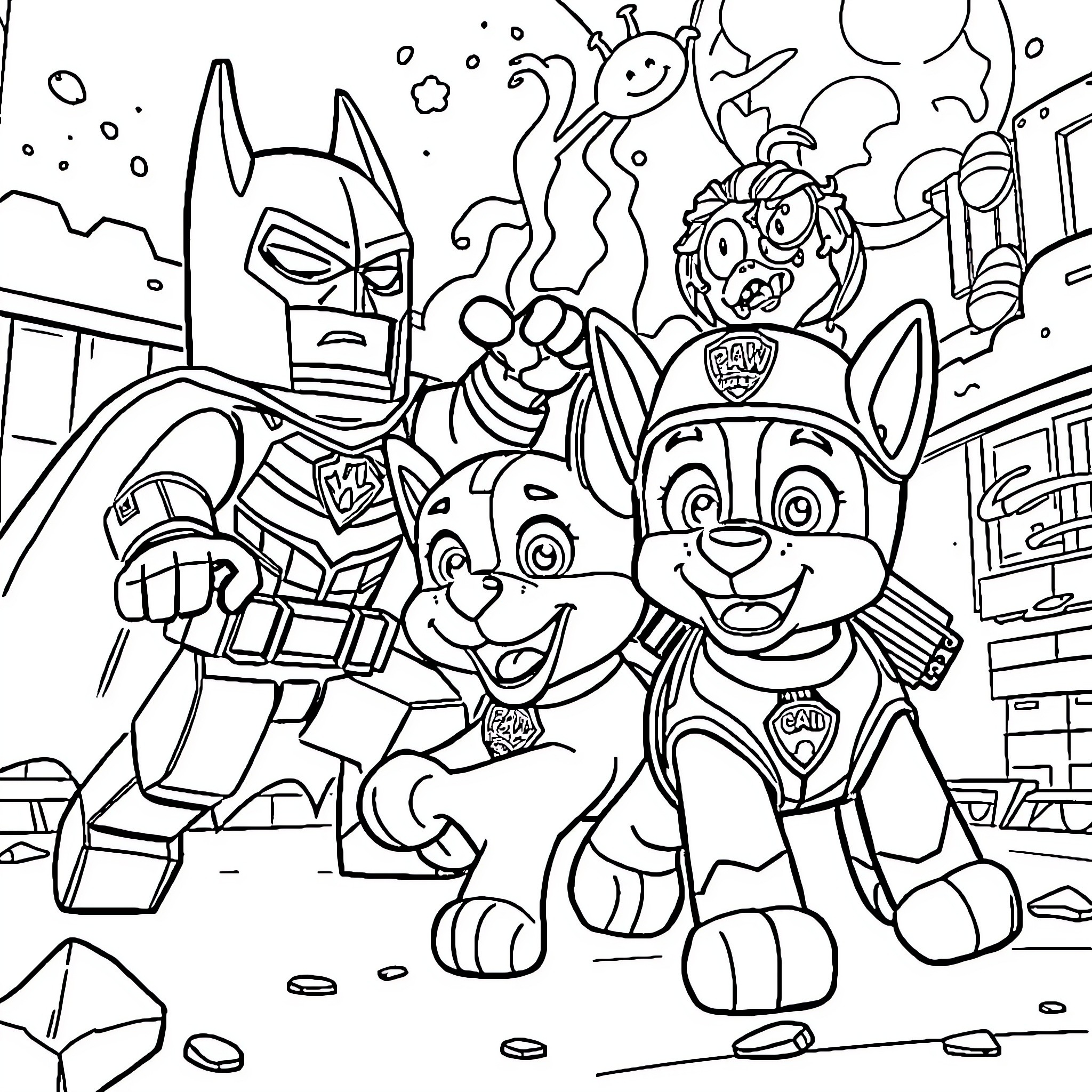 Paw Patrol Heroes Saving the Day Coloring Page (free black-and-white line drawing printable PDF for all, from beginners to advanced learners, including children, teens, adults, and seniors)