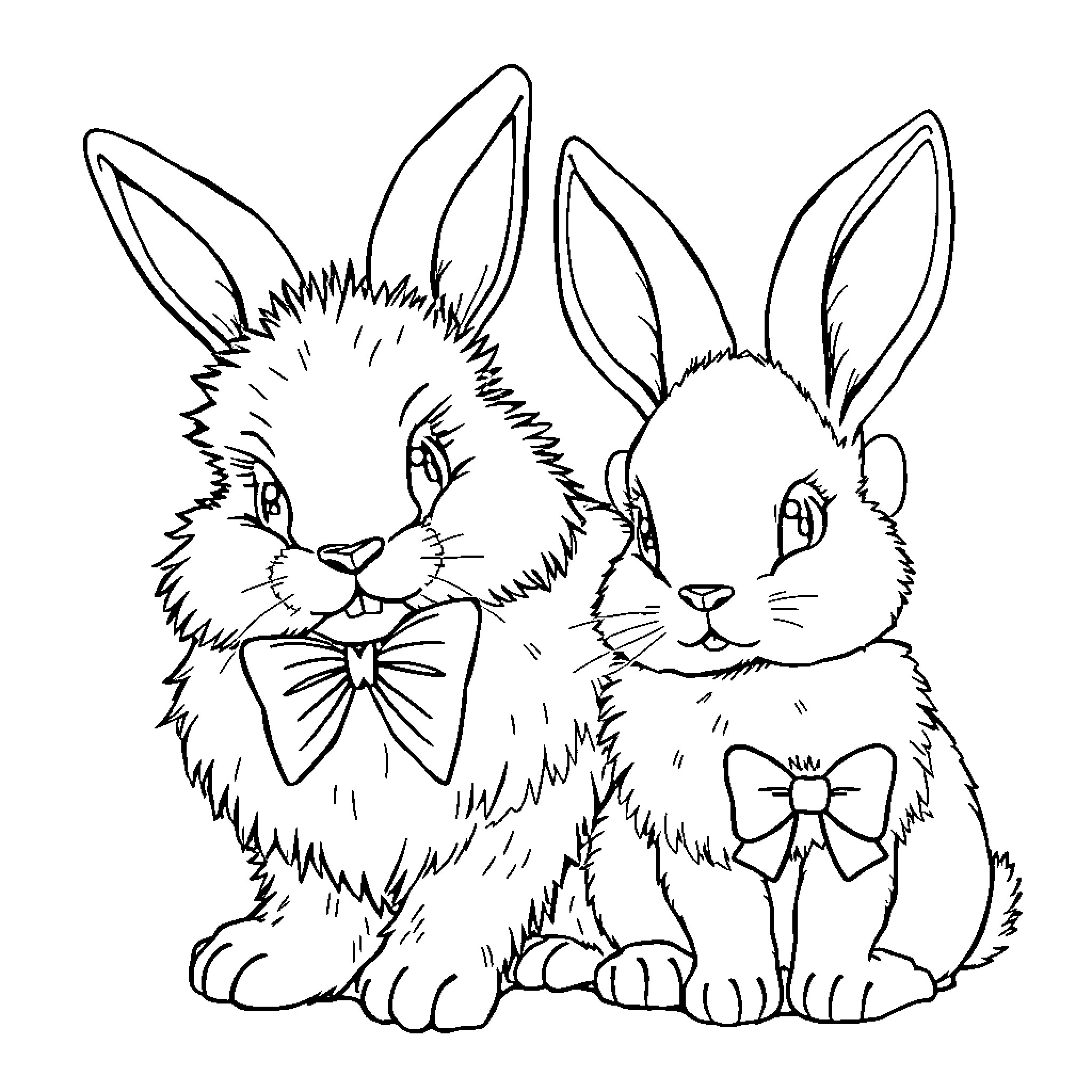 Bunny friends wearing adorable bow ties Coloring Page (free black-and-white line drawing printable PDF for all, from beginners to advanced learners, including children, teens, adults, and seniors)