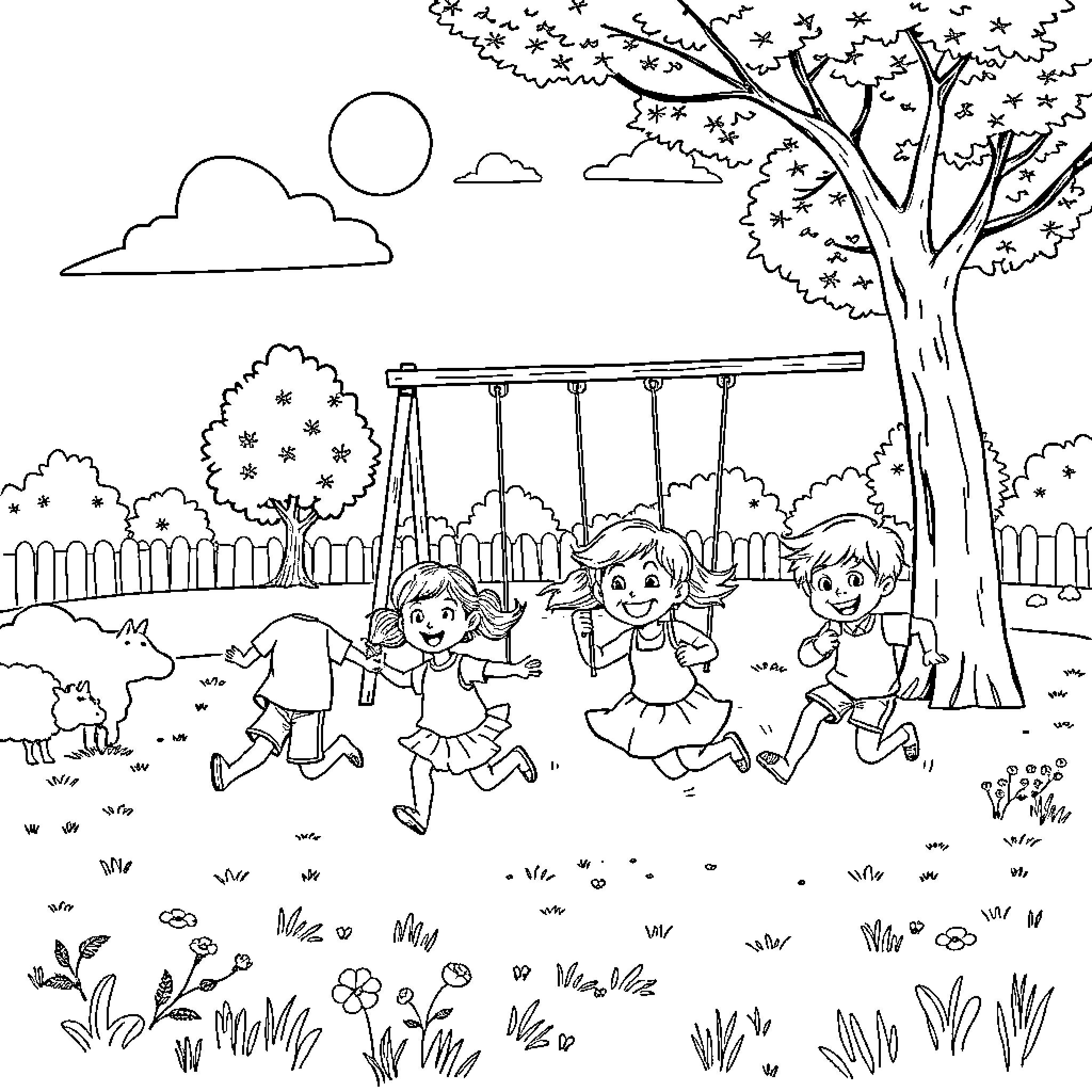 Kid playing happily in the park Coloring Page (free black-and-white line drawing printable PDF for all, from beginners to advanced learners, including children, teens, adults, and seniors)