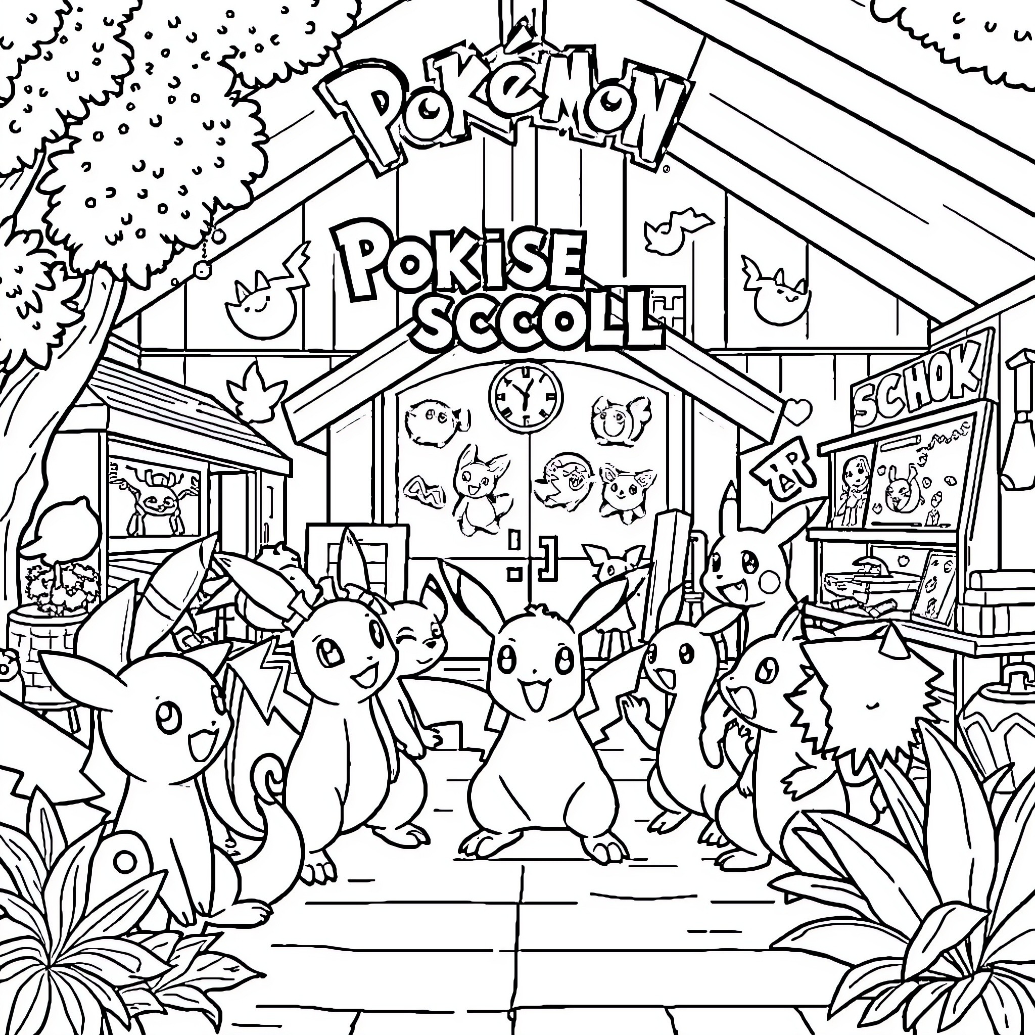 Pokémon Pokémon School Gathering Coloring Page (free black-and-white line drawing printable PDF for all, from beginners to advanced learners, including children, teens, adults, and seniors)