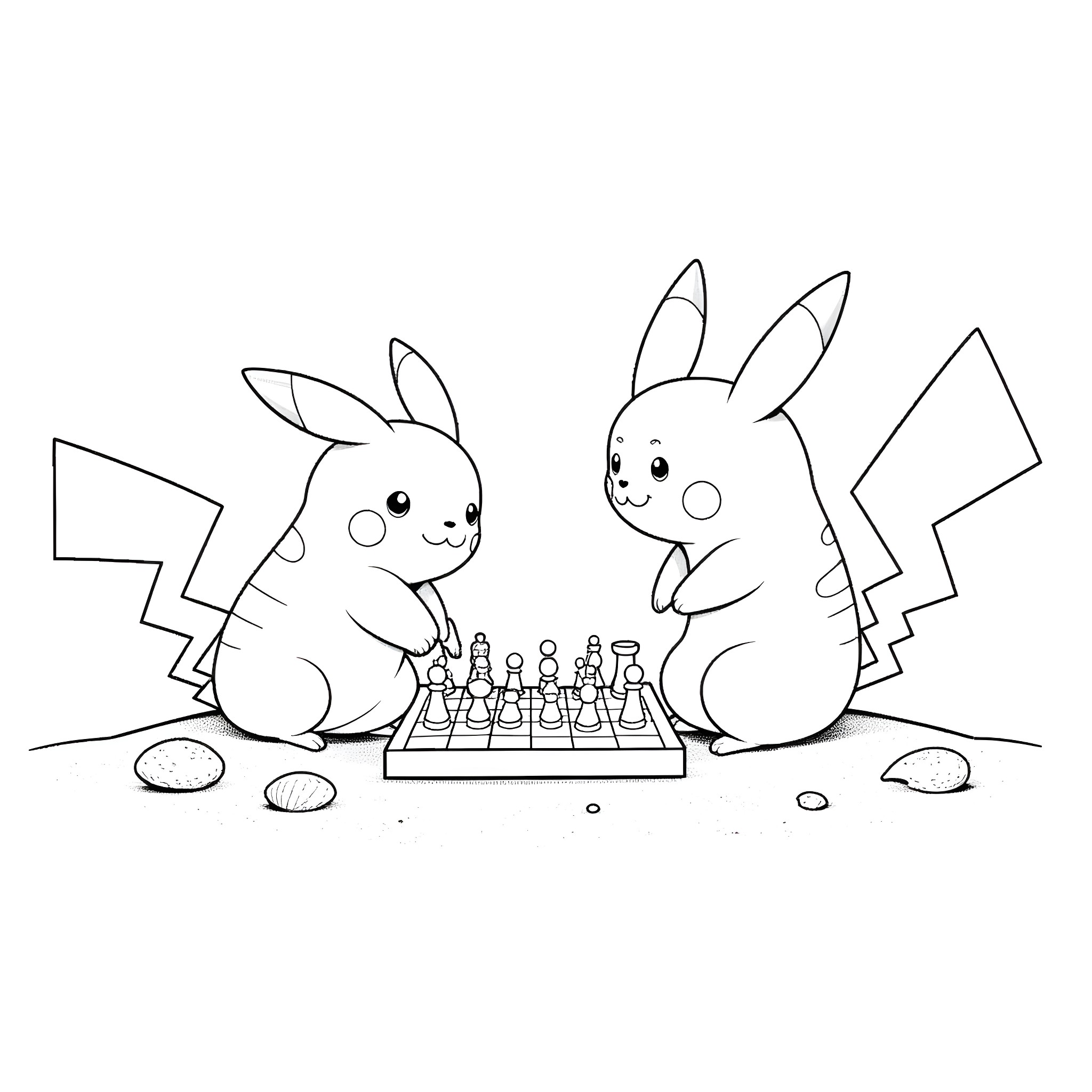 Pikachu playing chess with a friend Coloring Page (free black-and-white line drawing printable PDF for all, from beginners to advanced learners, including children, teens, adults, and seniors)