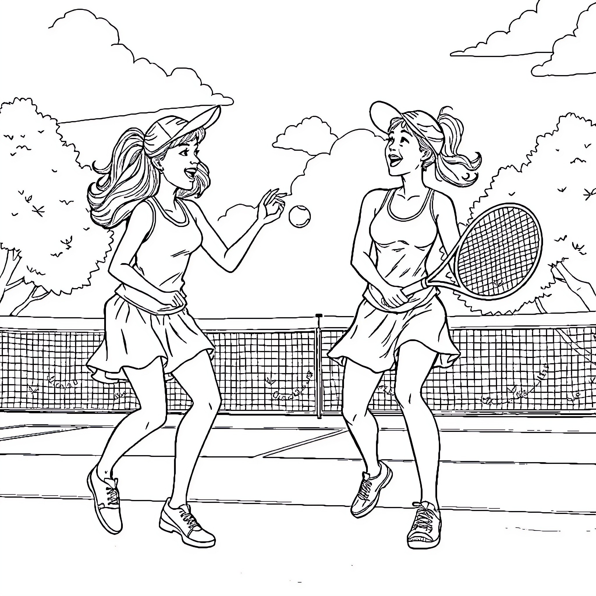 Sisters playing tennis on a sunny day Coloring Page (free black-and-white line drawing printable PDF for all, from beginners to advanced learners, including children, teens, adults, and seniors)