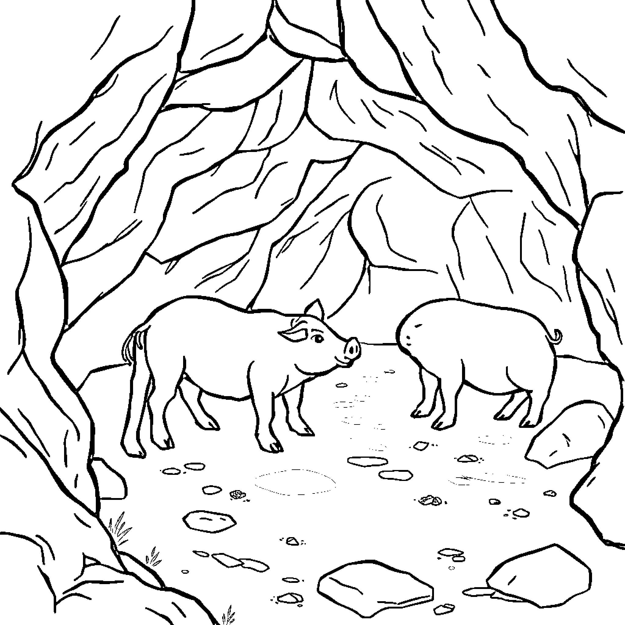 Aegues: Pigs exploring the rocky landscape Coloring Page (free black-and-white line drawing printable PDF for all, from beginners to advanced learners, including children, teens, adults, and seniors)