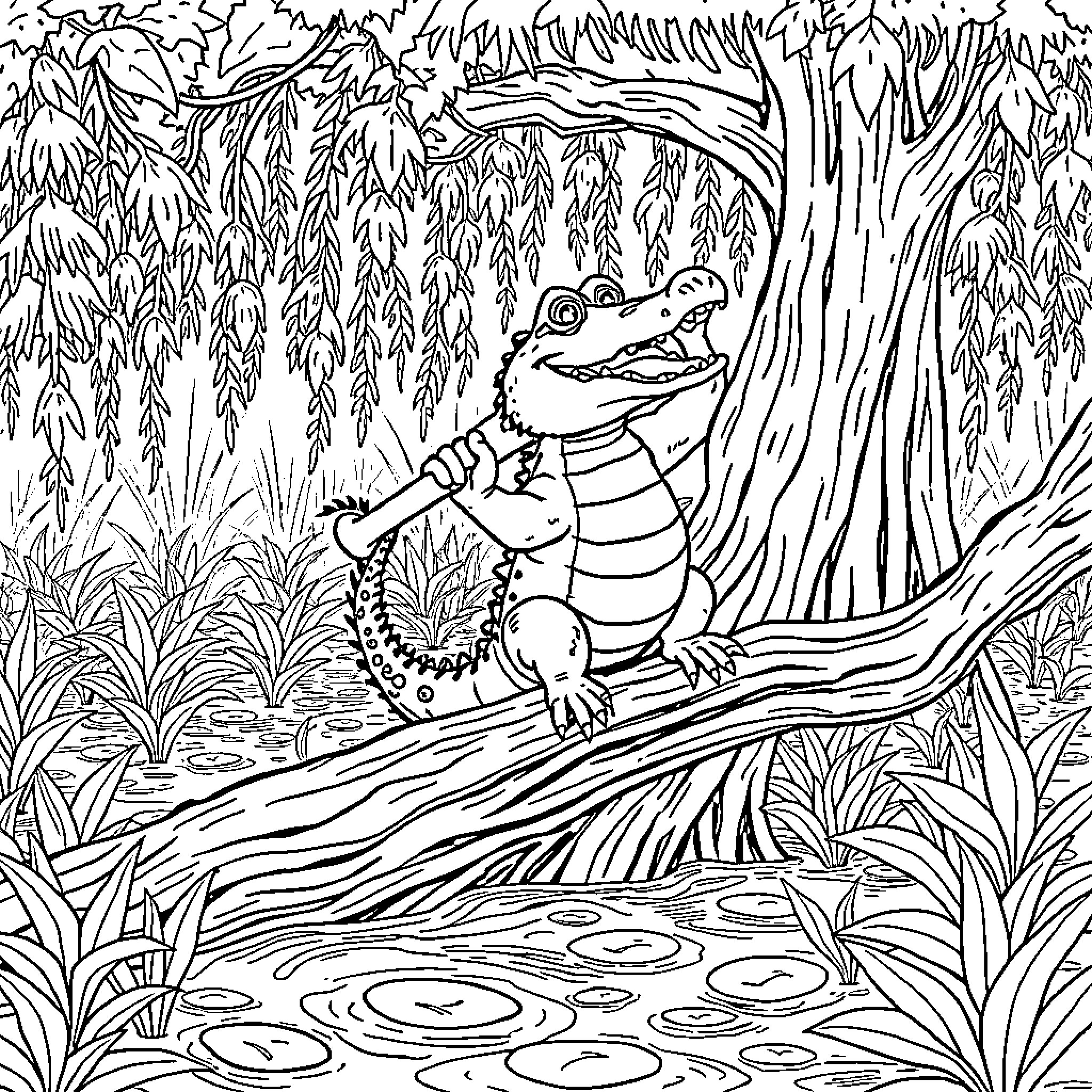 Alligator playing in the enchanted forest Coloring Page (free black-and-white line drawing printable PDF for all, from beginners to advanced learners, including children, teens, adults, and seniors)