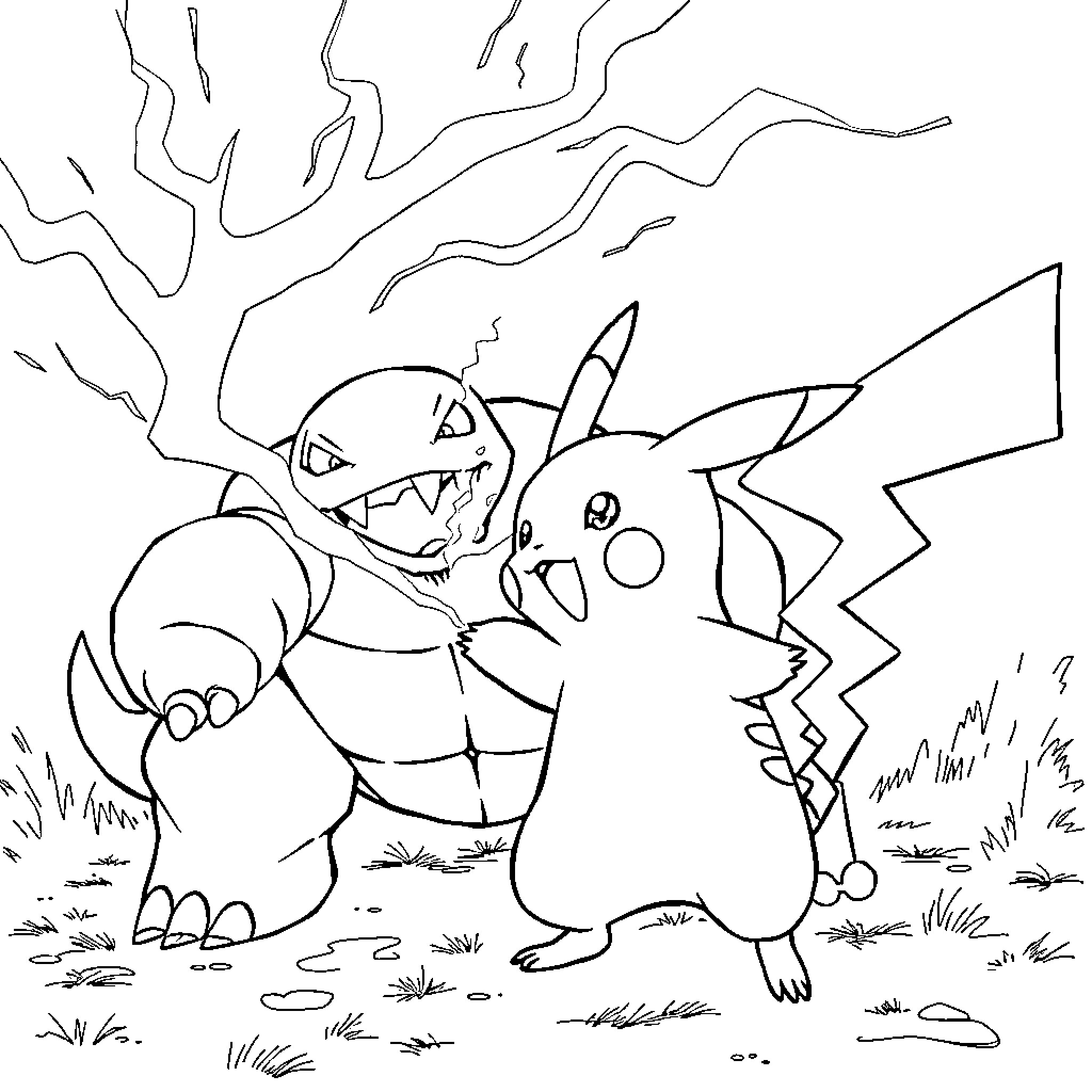 Pikachu battling a fierce creature in the wilderness Coloring Page (free black-and-white line drawing printable PDF for all, from beginners to advanced learners, including children, teens, adults, and seniors)