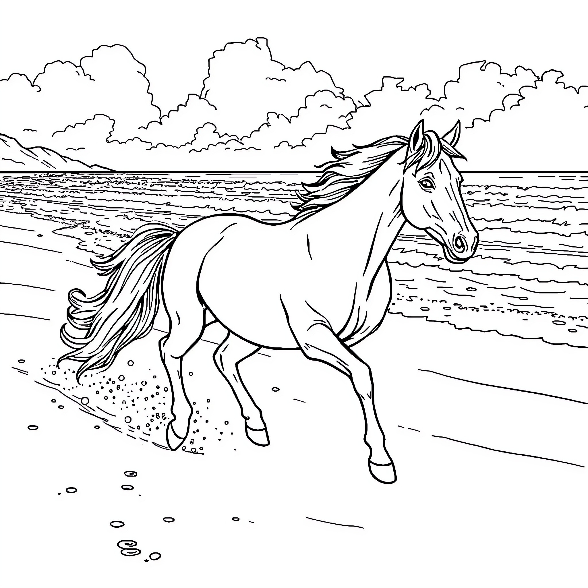Horse galloping along the beach Coloring Page (free black-and-white line drawing printable PDF for all, from beginners to advanced learners, including children, teens, adults, and seniors)