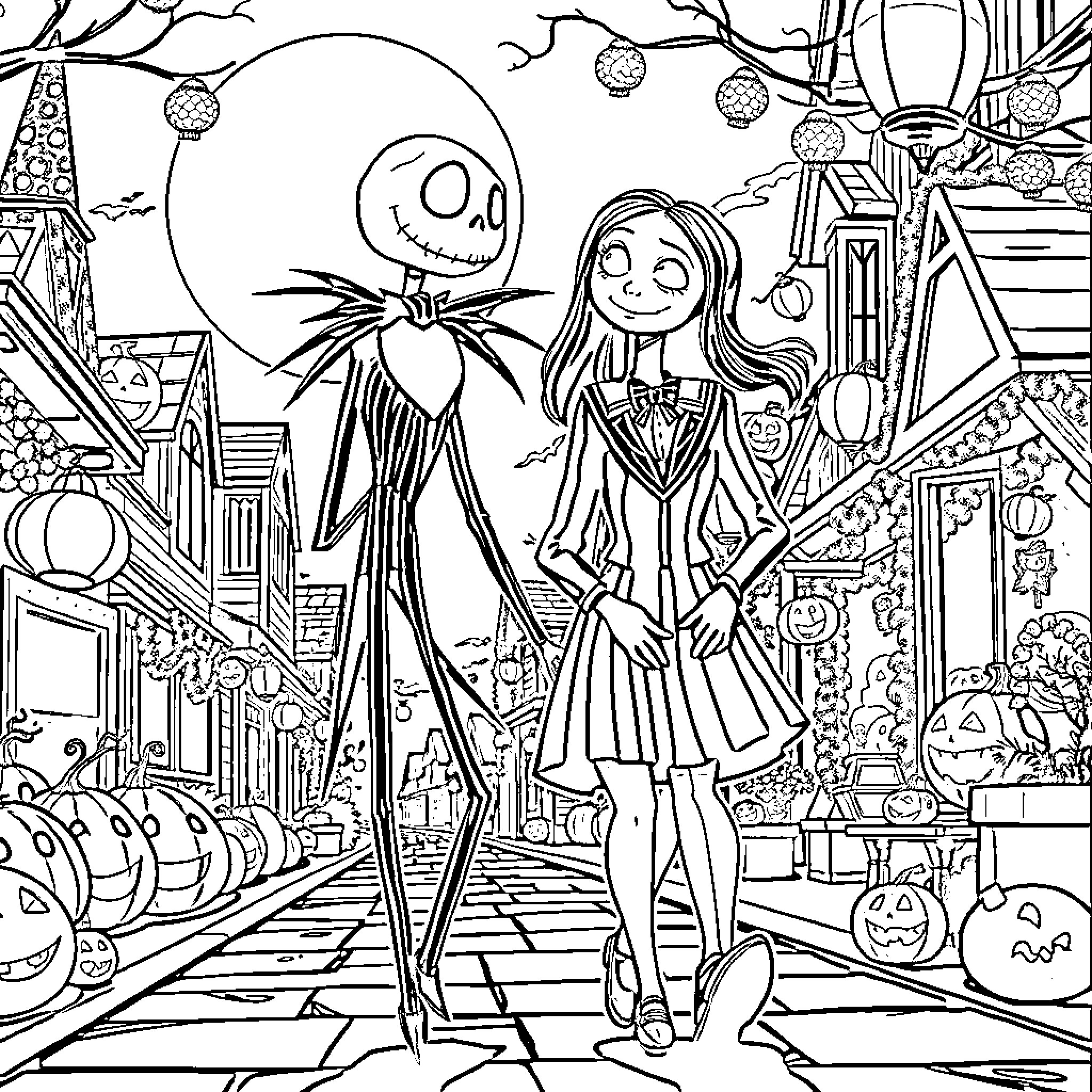Jack Skellington and Sally in Nightmare Before Christmas scene Coloring Page (free black-and-white line drawing printable PDF for all, from beginners to advanced learners, including children, teens, adults, and seniors)
