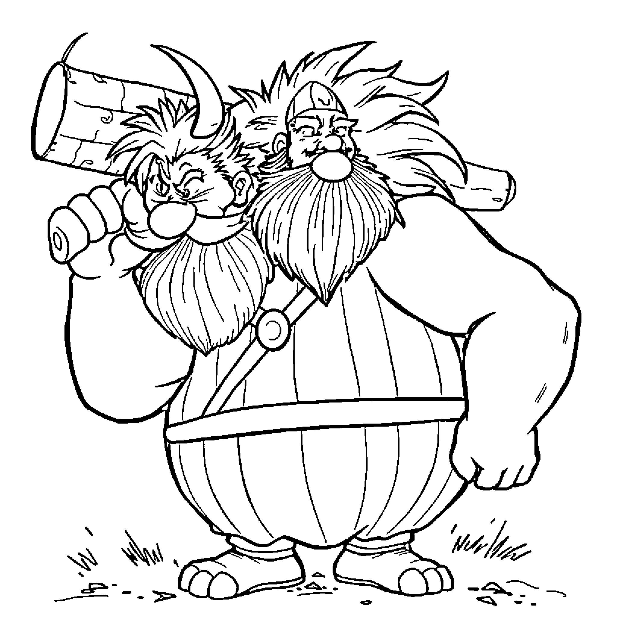 Obelix and Asterix Wielding Weapons Coloring Page (free black-and-white line drawing printable PDF for all, from beginners to advanced learners, including children, teens, adults, and seniors)