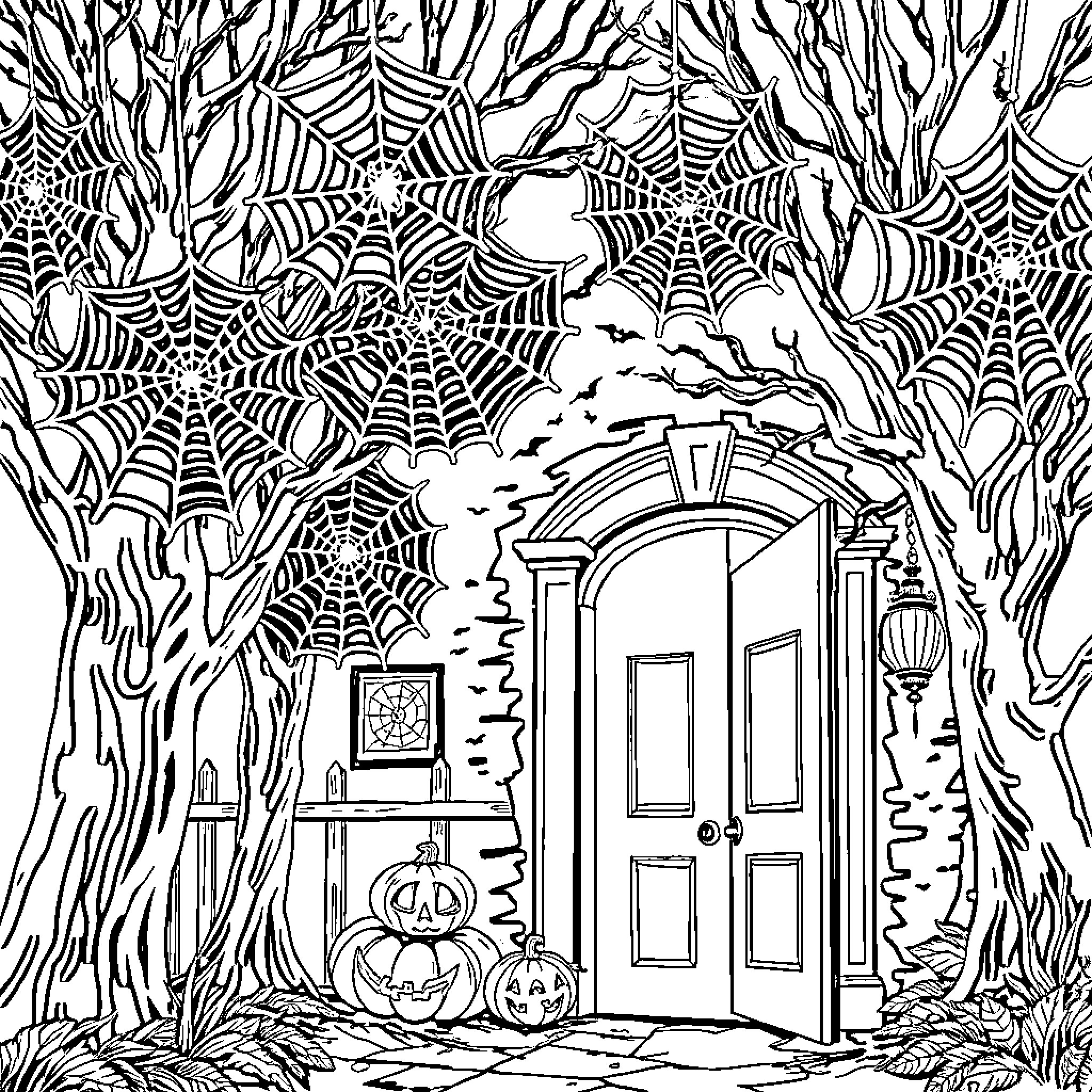 Spiderweb-covered haunted house entrance on Halloween Coloring Page (free black-and-white line drawing printable PDF for all, from beginners to advanced learners, including children, teens, adults, and seniors)