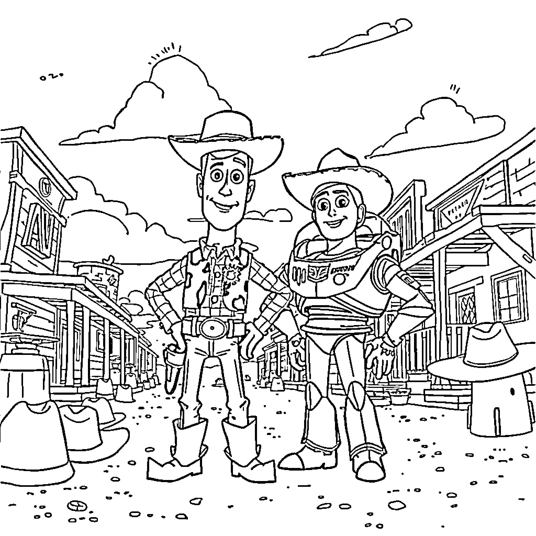 Woody and Buzz explore the wild west town Coloring Page (free black-and-white line drawing printable PDF for all, from beginners to advanced learners, including children, teens, adults, and seniors)