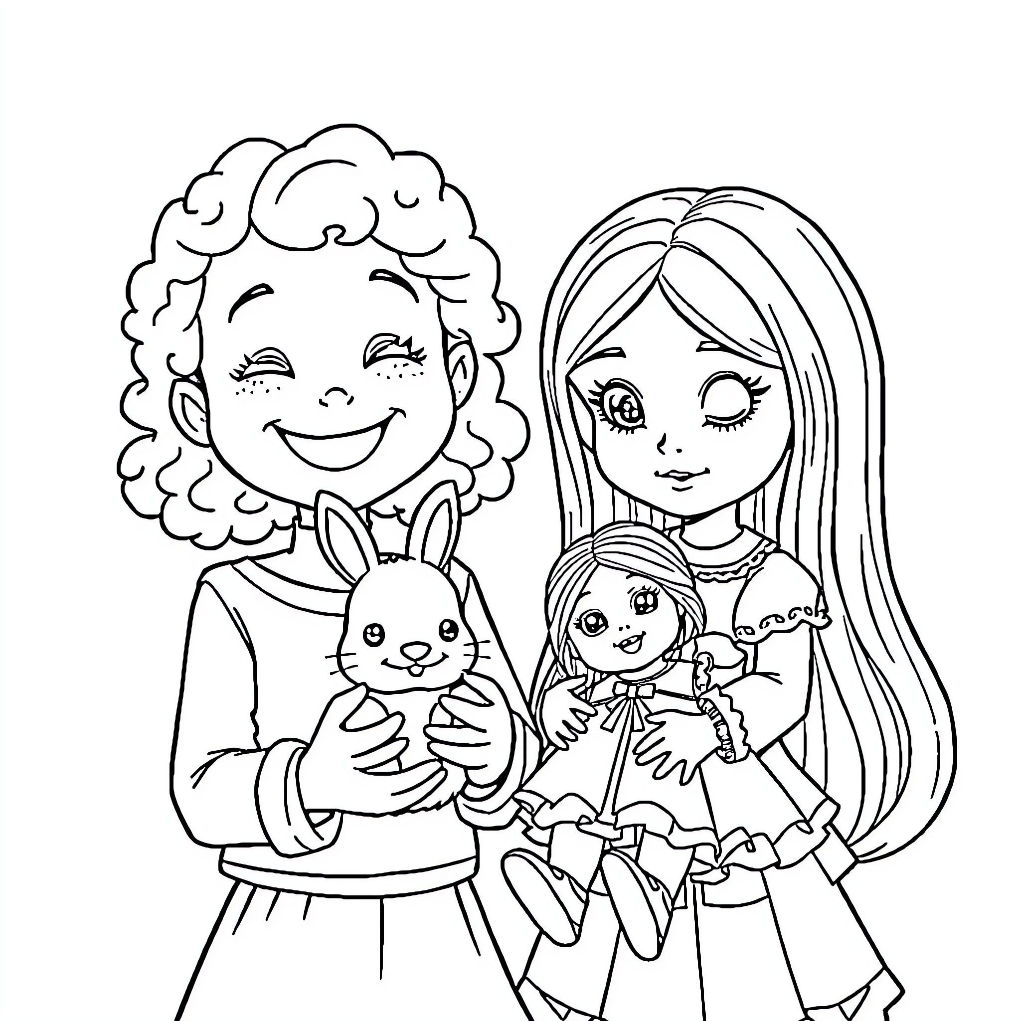 Girl with Curly Hair and Friends Enjoying Playtime Coloring Page (free black-and-white line drawing printable PDF for all, from beginners to advanced learners, including children, teens, adults, and seniors)