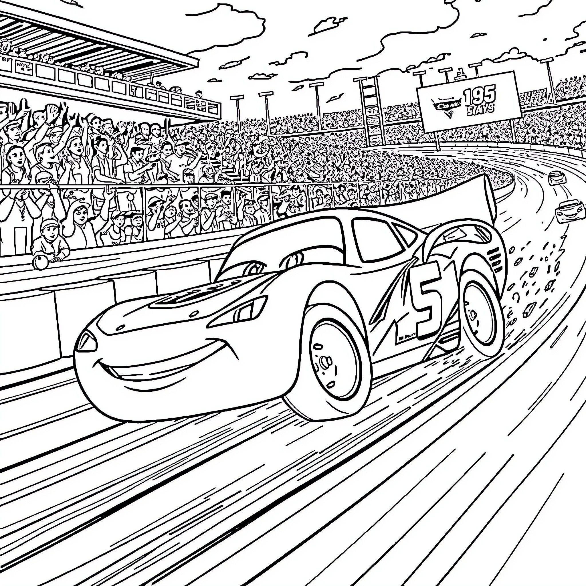 Lightning McQueen racing in the big competition Coloring Page (free black-and-white line drawing printable PDF for all, from beginners to advanced learners, including children, teens, adults, and seniors)