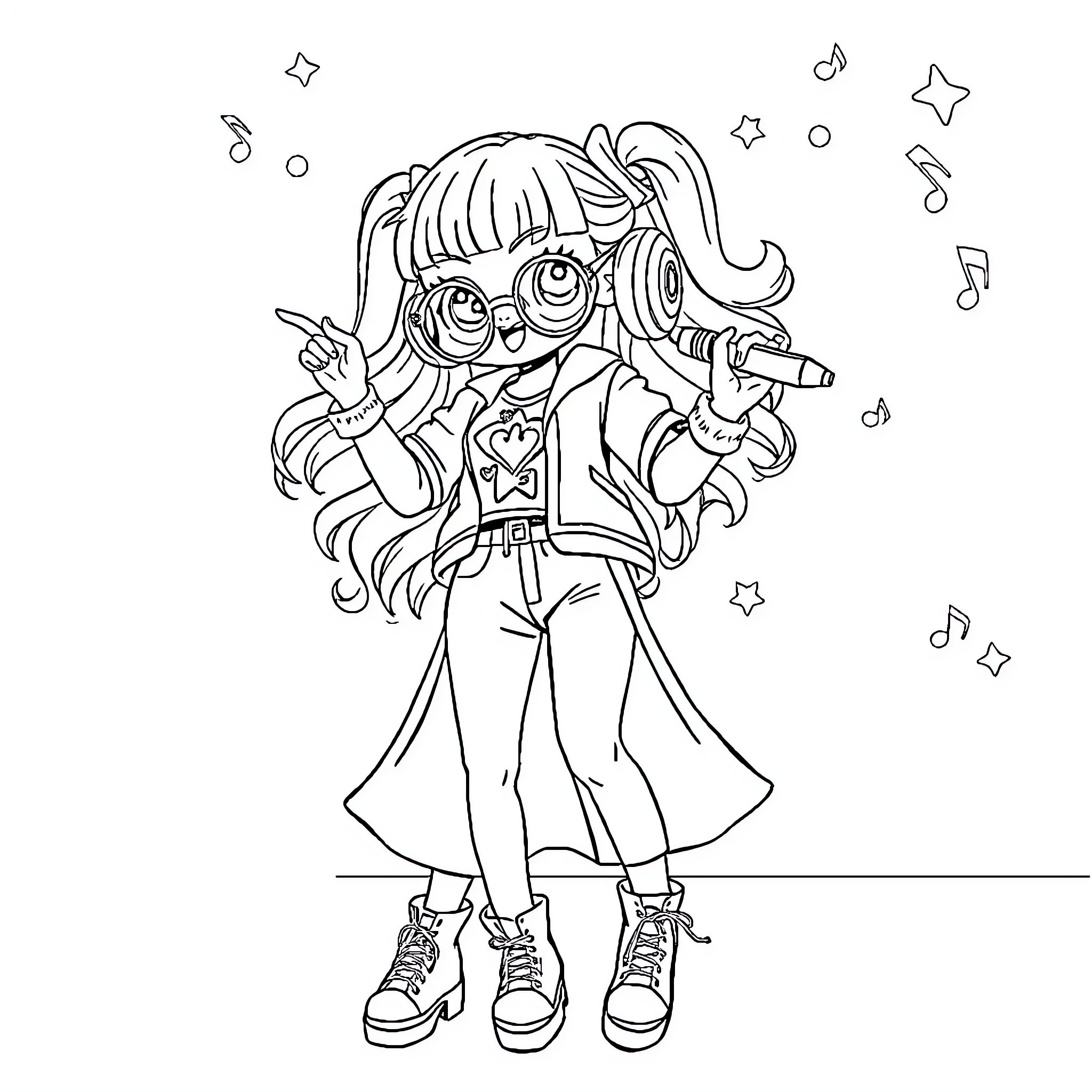 Zoey's Vibrant Musical Performance Coloring Page (free black-and-white line drawing printable PDF for all, from beginners to advanced learners, including children, teens, adults, and seniors)