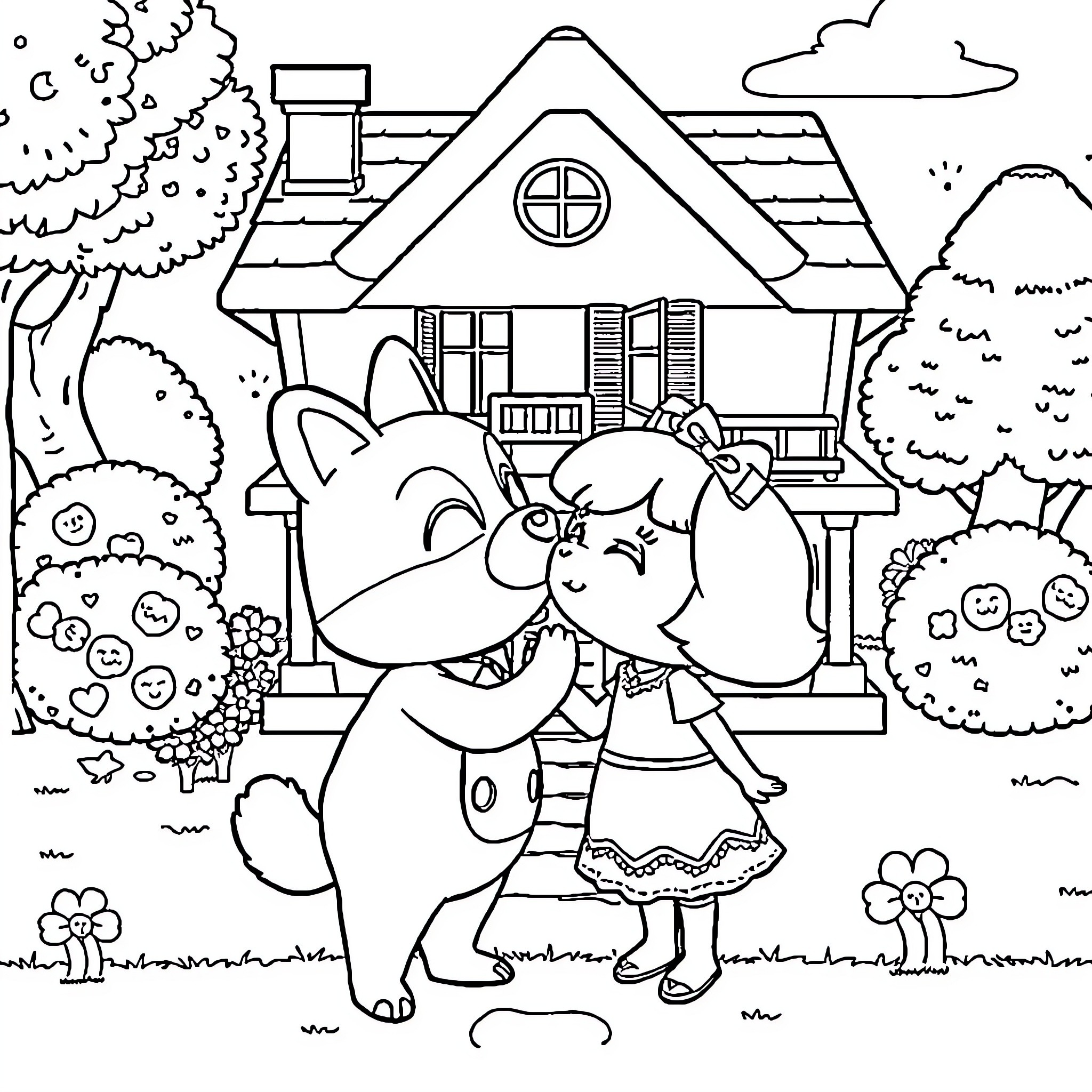 Tom Nook Welcomes Guests to Cozy Cottage Home Coloring Page (free black-and-white line drawing printable PDF for all, from beginners to advanced learners, including children, teens, adults, and seniors)