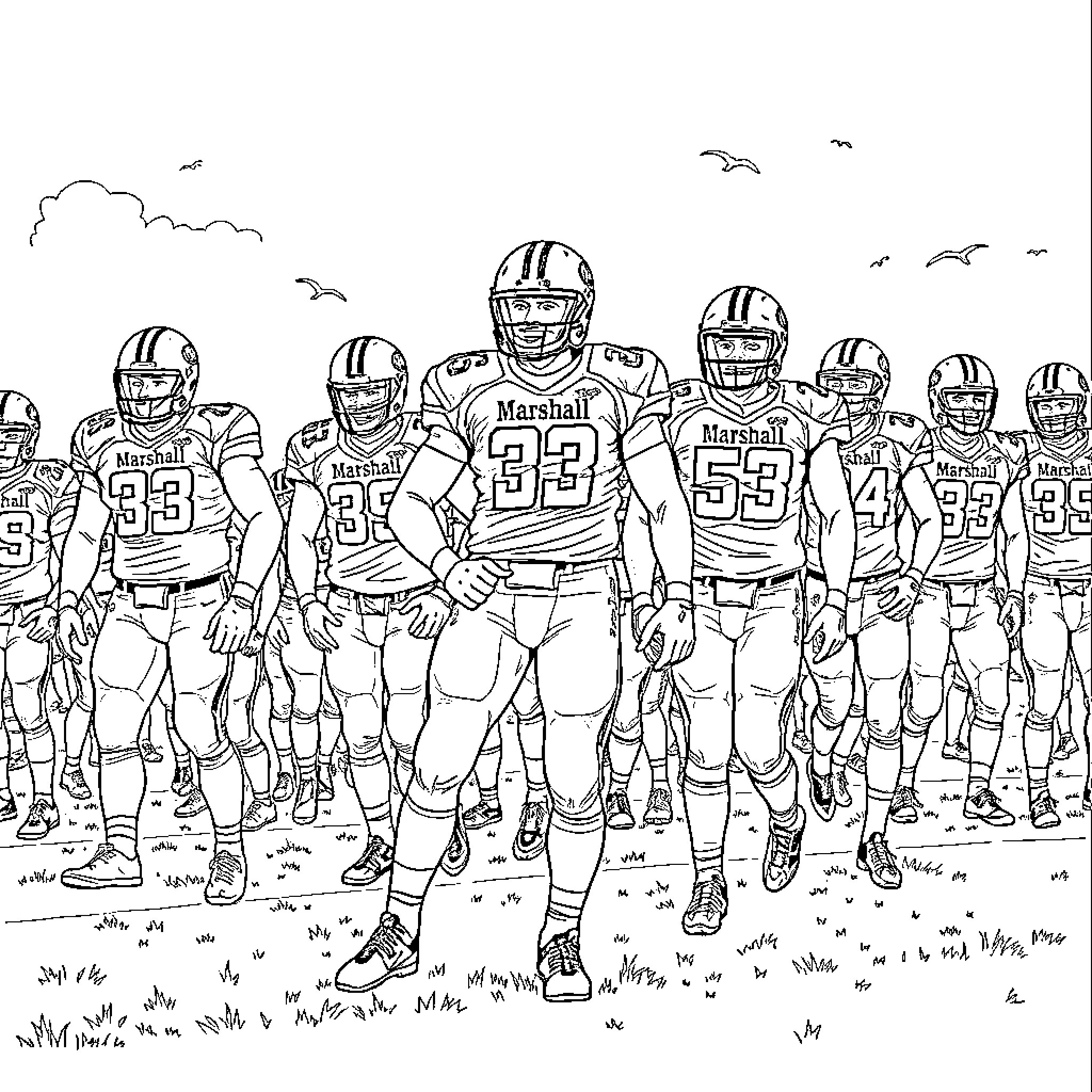 Football players in action on the field Coloring Page (free black-and-white line drawing printable PDF for all, from beginners to advanced learners, including children, teens, adults, and seniors)
