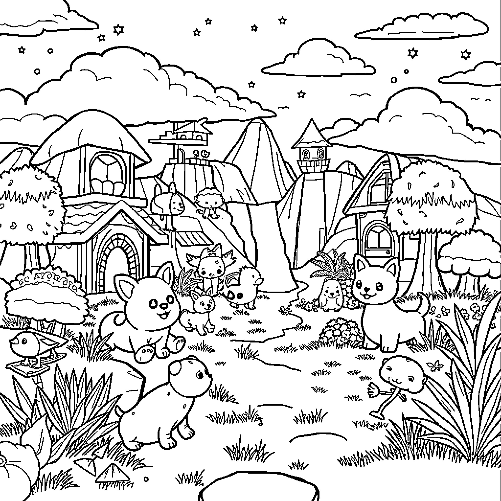 Pets playing in a whimsical fantasy landscape Coloring Page (free black-and-white line drawing printable PDF for all, from beginners to advanced learners, including children, teens, adults, and seniors)
