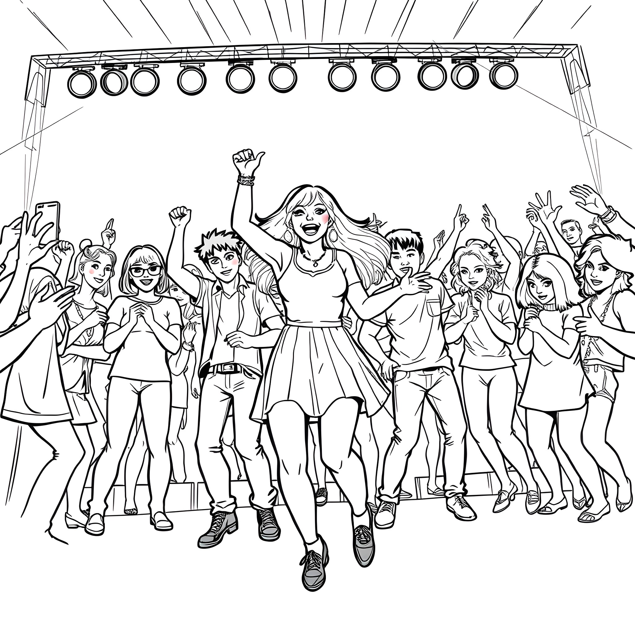 Tina's Rockin' Concert Celebration Coloring Page (free black-and-white line drawing printable PDF for all, from beginners to advanced learners, including children, teens, adults, and seniors)