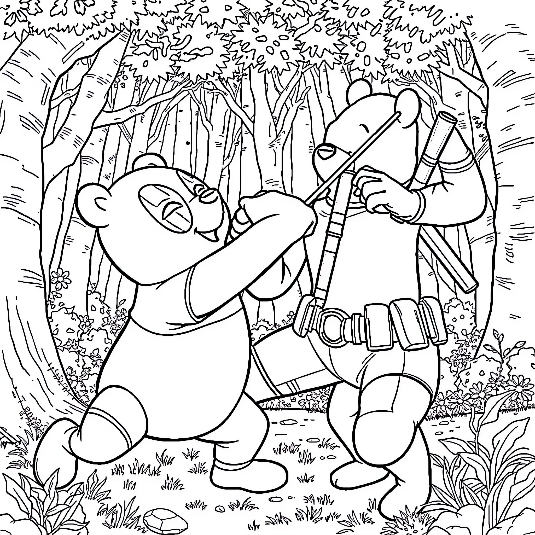 Deadpool playing in the forest with Groot Coloring Page (free black-and-white line drawing printable PDF for all, from beginners to advanced learners, including children, teens, adults, and seniors)
