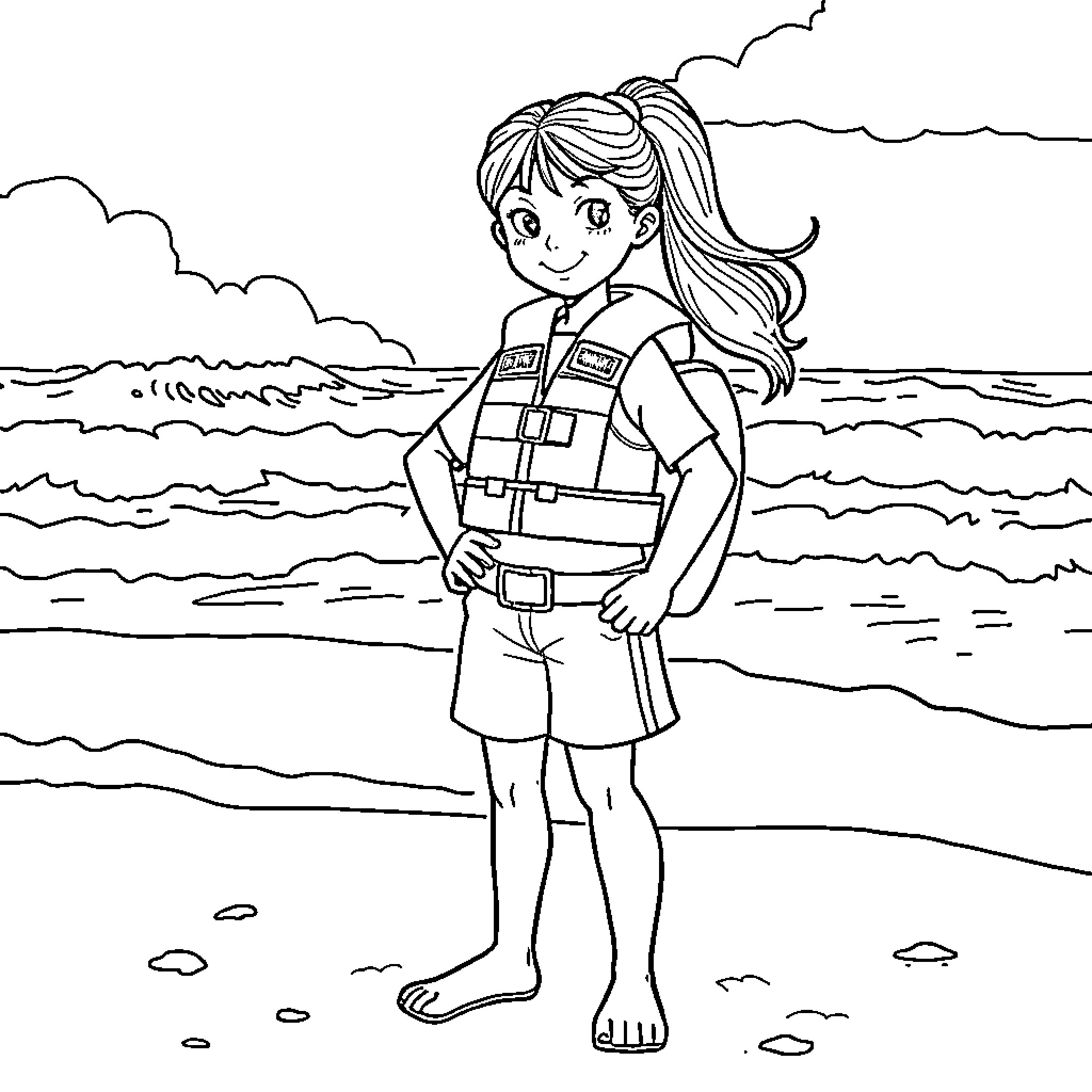 Surflifesaver assisting beachgoers with safety equipment Coloring Page (free black-and-white line drawing printable PDF for all, from beginners to advanced learners, including children, teens, adults, and seniors)