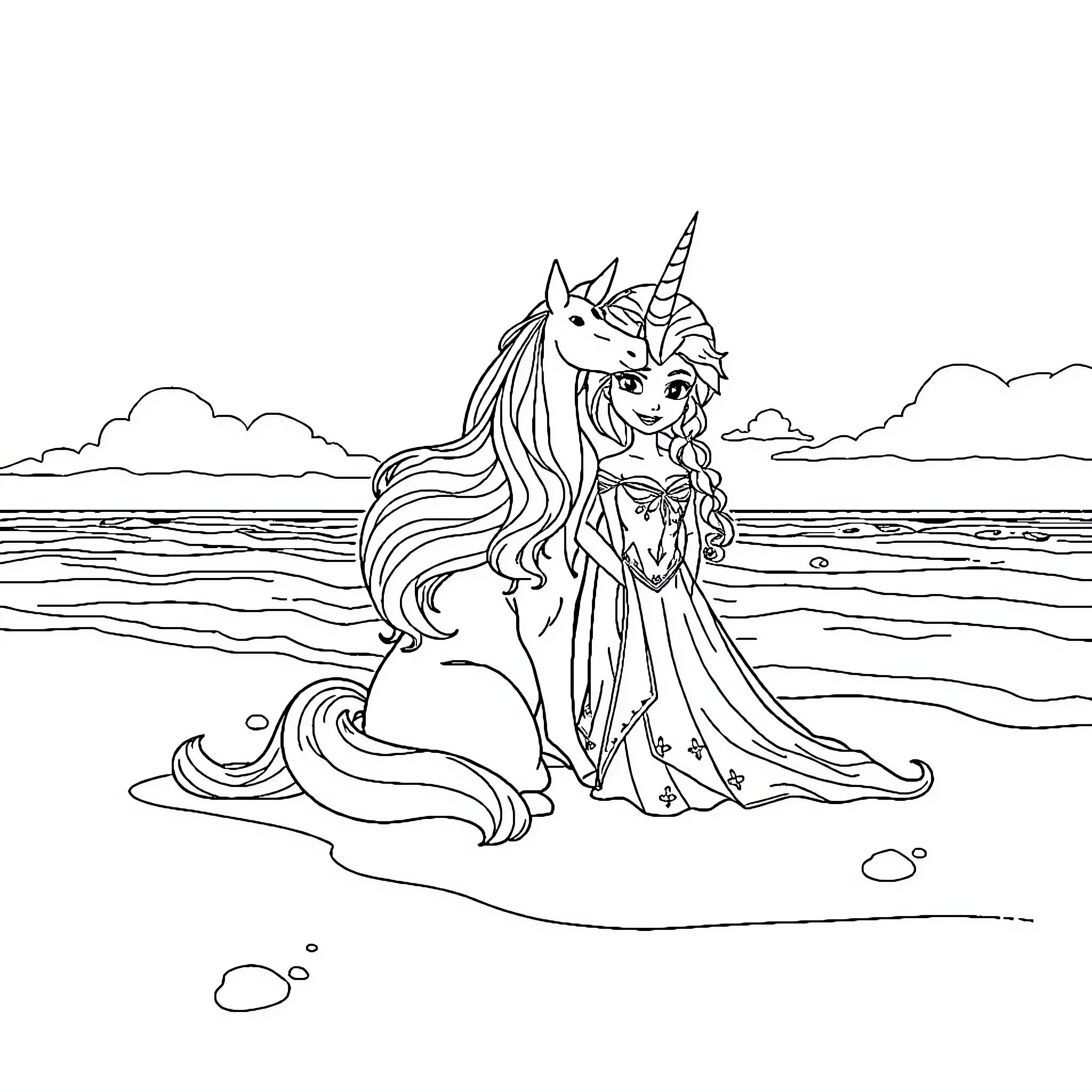 Unicorn princess in elegant attire on the beach Coloring Page (free black-and-white line drawing printable PDF for all, from beginners to advanced learners, including children, teens, adults, and seniors)
