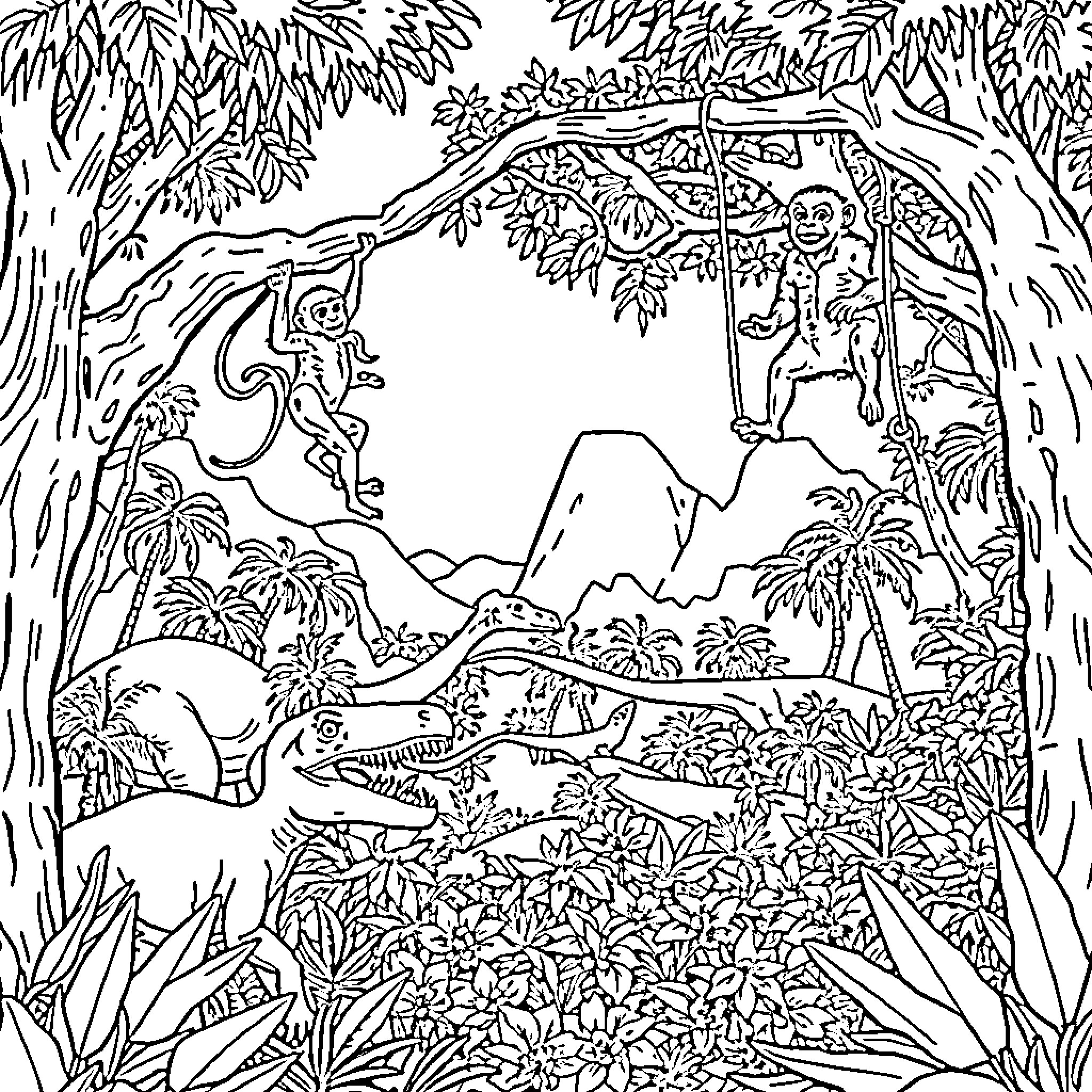 Monkeys playing in a tropical jungle landscape Coloring Page (free black-and-white line drawing printable PDF for all, from beginners to advanced learners, including children, teens, adults, and seniors)