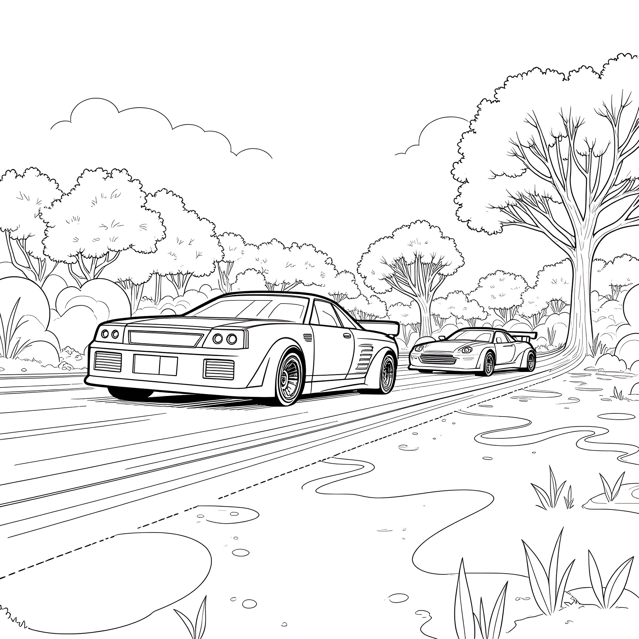 Hot Wheels cars racing on the road through the forest Coloring Page (free black-and-white line drawing printable PDF for all, from beginners to advanced learners, including children, teens, adults, and seniors)
